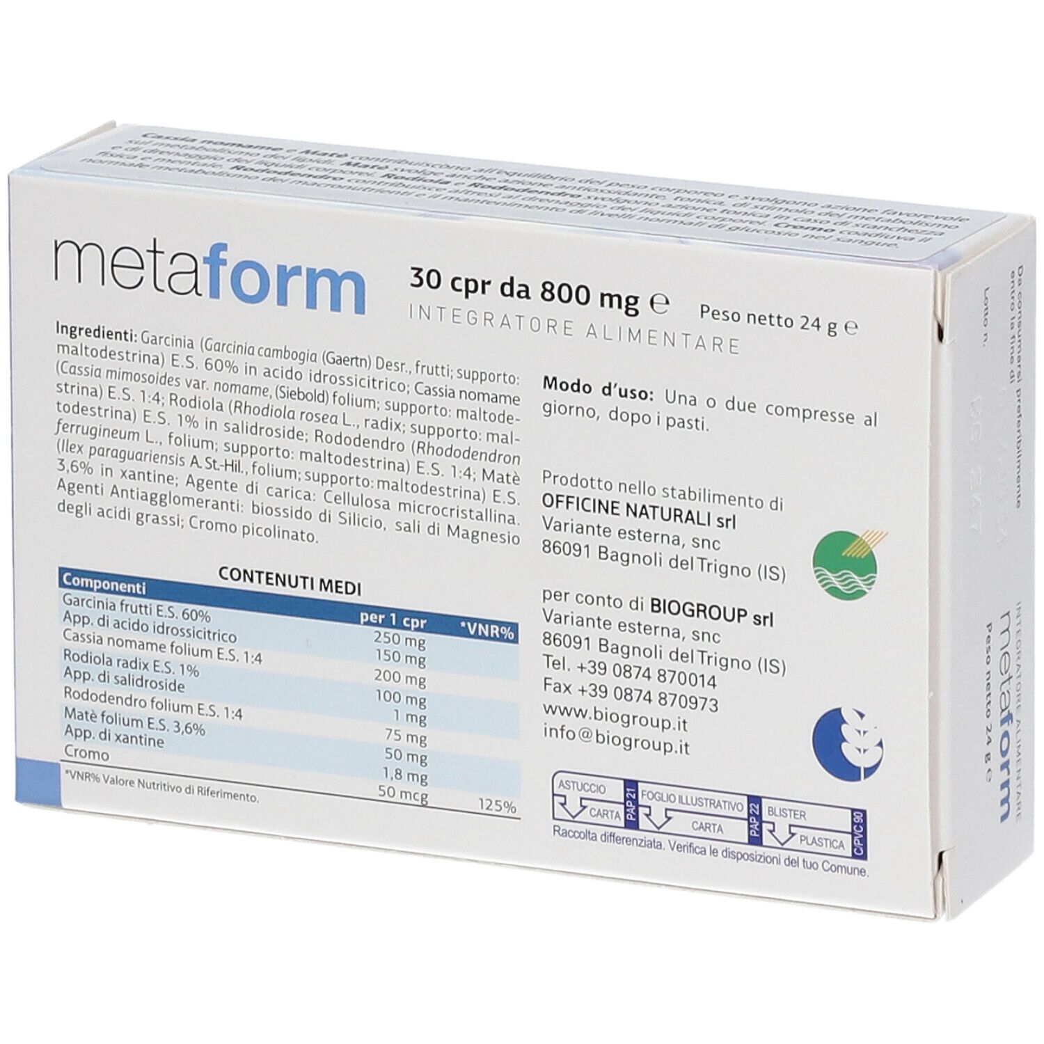 Scatola bianca "metaform". Contiene 30 compresse. Motivi blu ondulati e logo.
