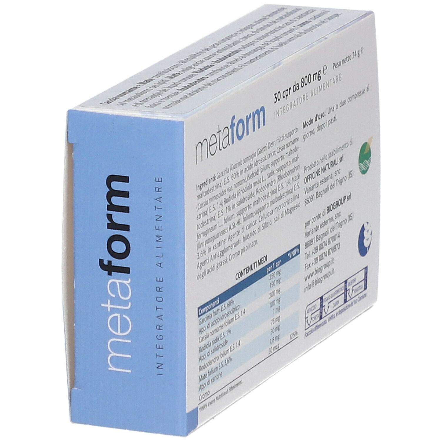 Scatola bianca "metaform". Contiene 30 compresse. Motivi blu ondulati e logo.