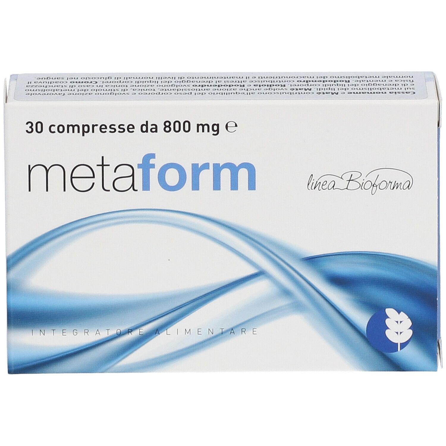Scatola bianca "metaform". Contiene 30 compresse. Motivi blu ondulati e logo.