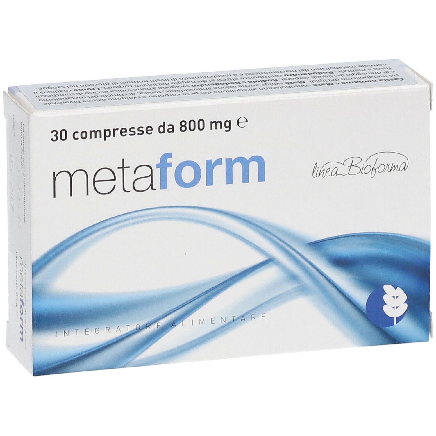 Scatola bianca "metaform". Contiene 30 compresse. Motivi blu ondulati e logo.