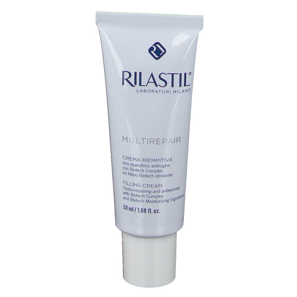 Tubo bianco con scritta blu RILASTIL, MULTIREPAIR. Contiene 50 ml di crema. Scritta in italiano e inglese.