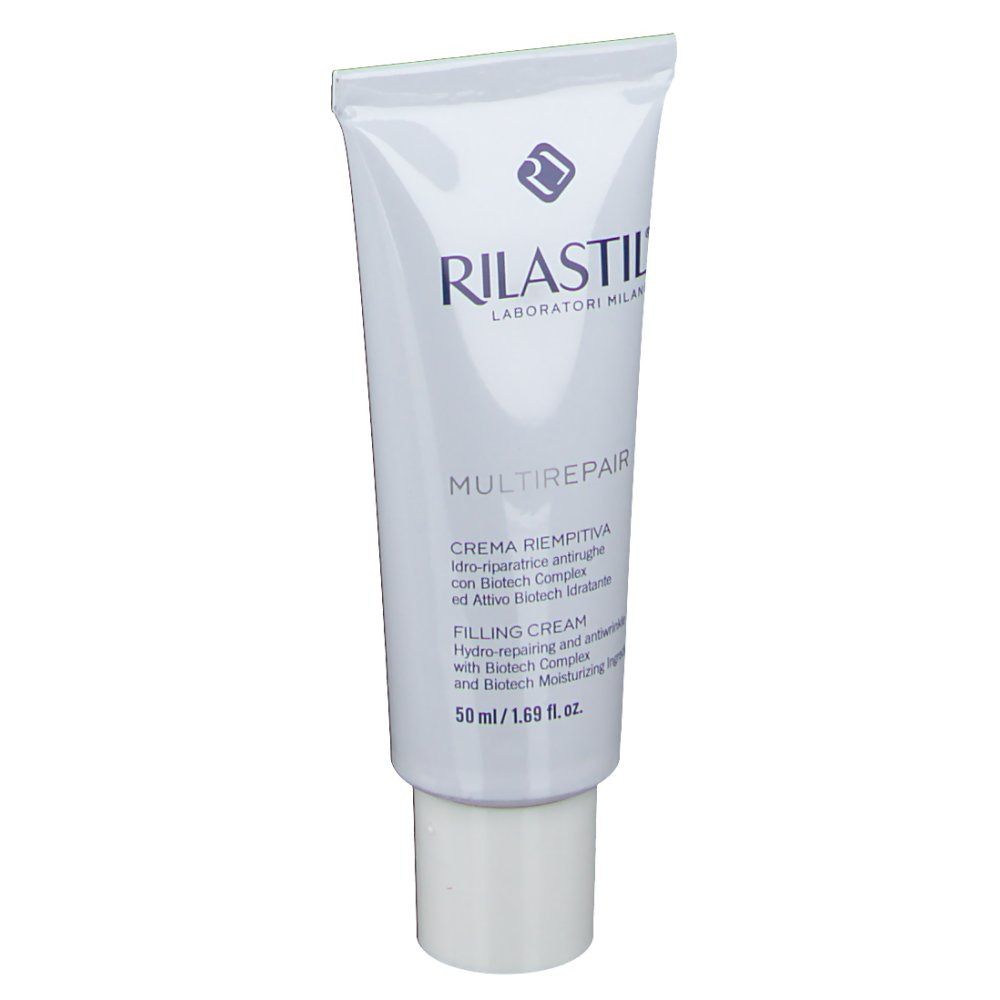 Tubo bianco con scritta blu RILASTIL, MULTIREPAIR. Contiene 50 ml di crema. Scritta in italiano e inglese.