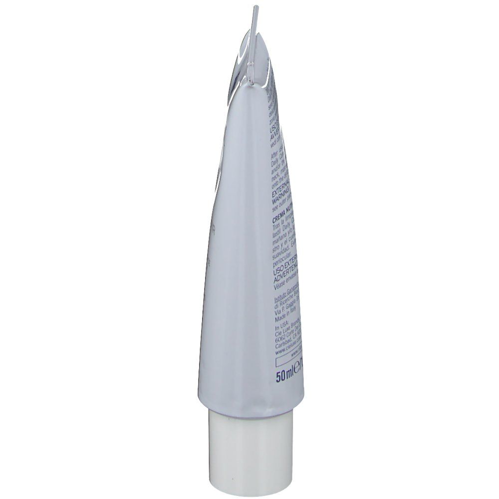 Vista laterale del tubo di crema Rilastil Multirepair. Tubo bianco con testo.