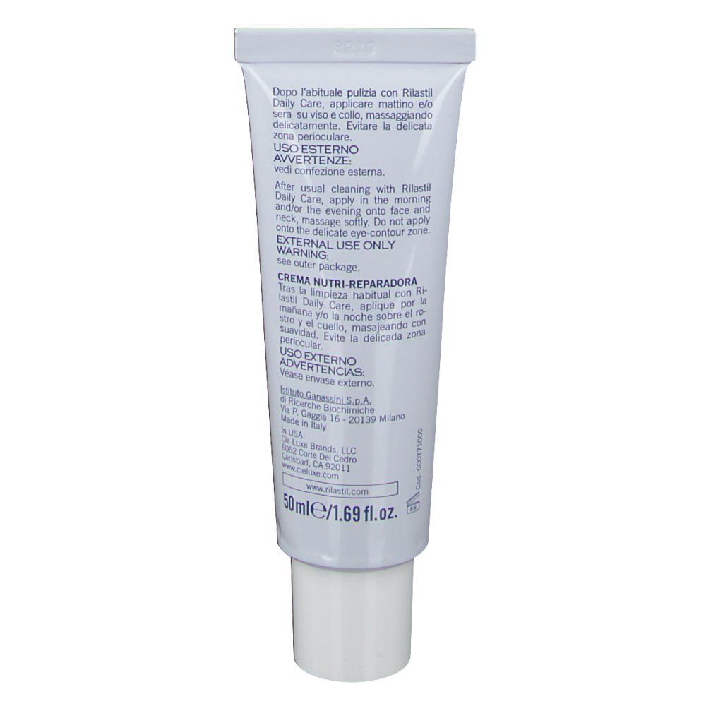 Retro del tubo di crema Rilastil Multirepair. Tubo bianco con testo.