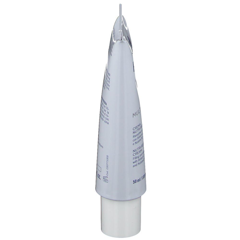 Vista laterale del tubo di crema Rilastil Multirepair. Tubo bianco con testo.