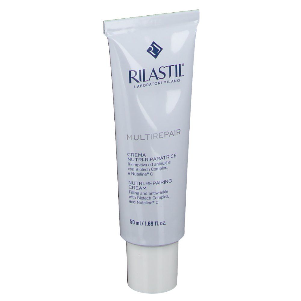 Tubo di crema Rilastil Multirepair. Tubo bianco con testo blu. Contiene 50 ml.