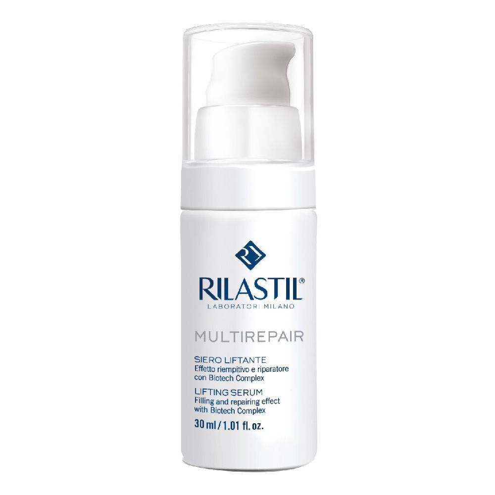 Flacone bianco con dosatore. Scritta Rilastil Multirepair. Contiene Lifting Serum. 30 ml.