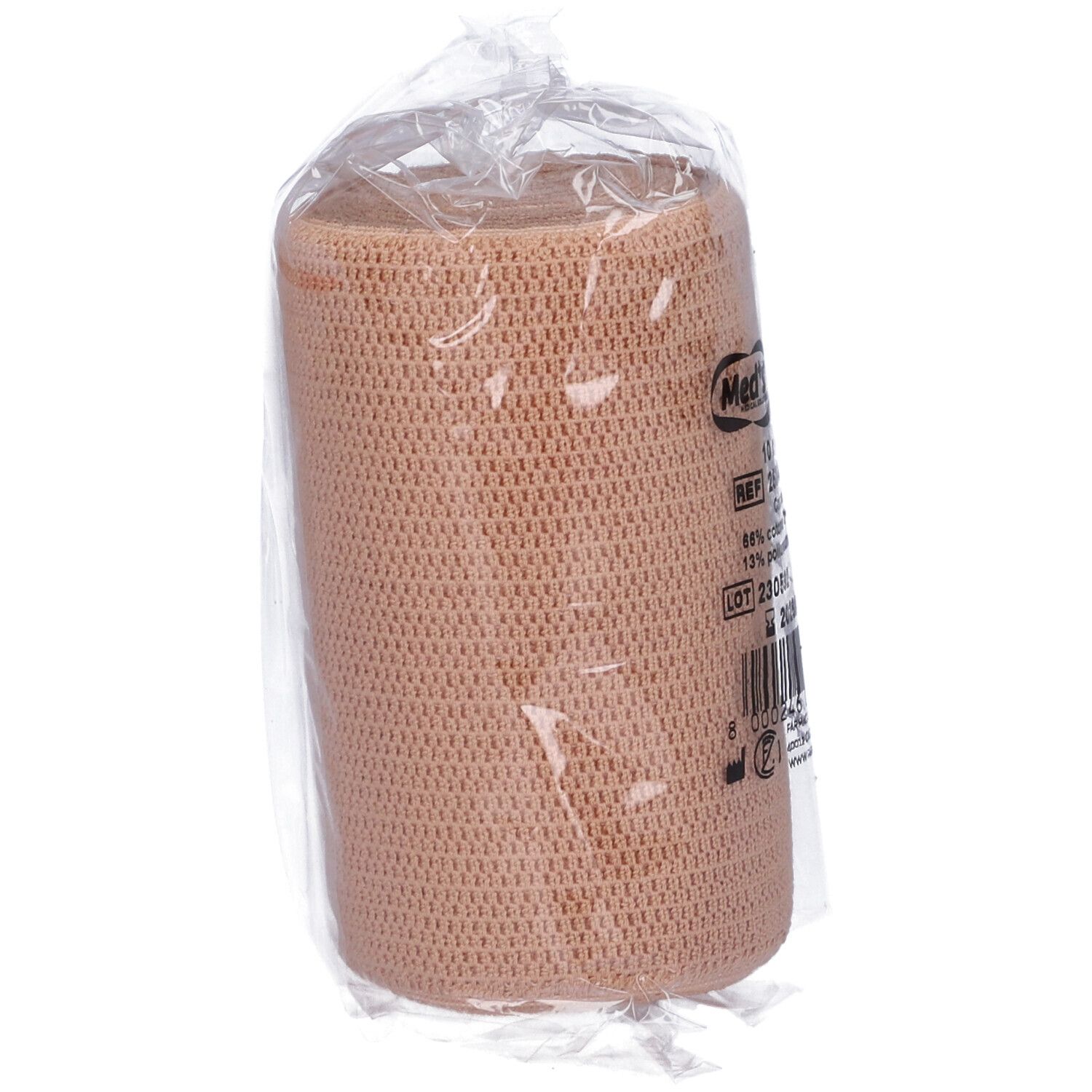 Benda elastica in confezione di plastica. Scritte illeggibili. Prodotto beige. Rotolo con chiusura in velcro.
