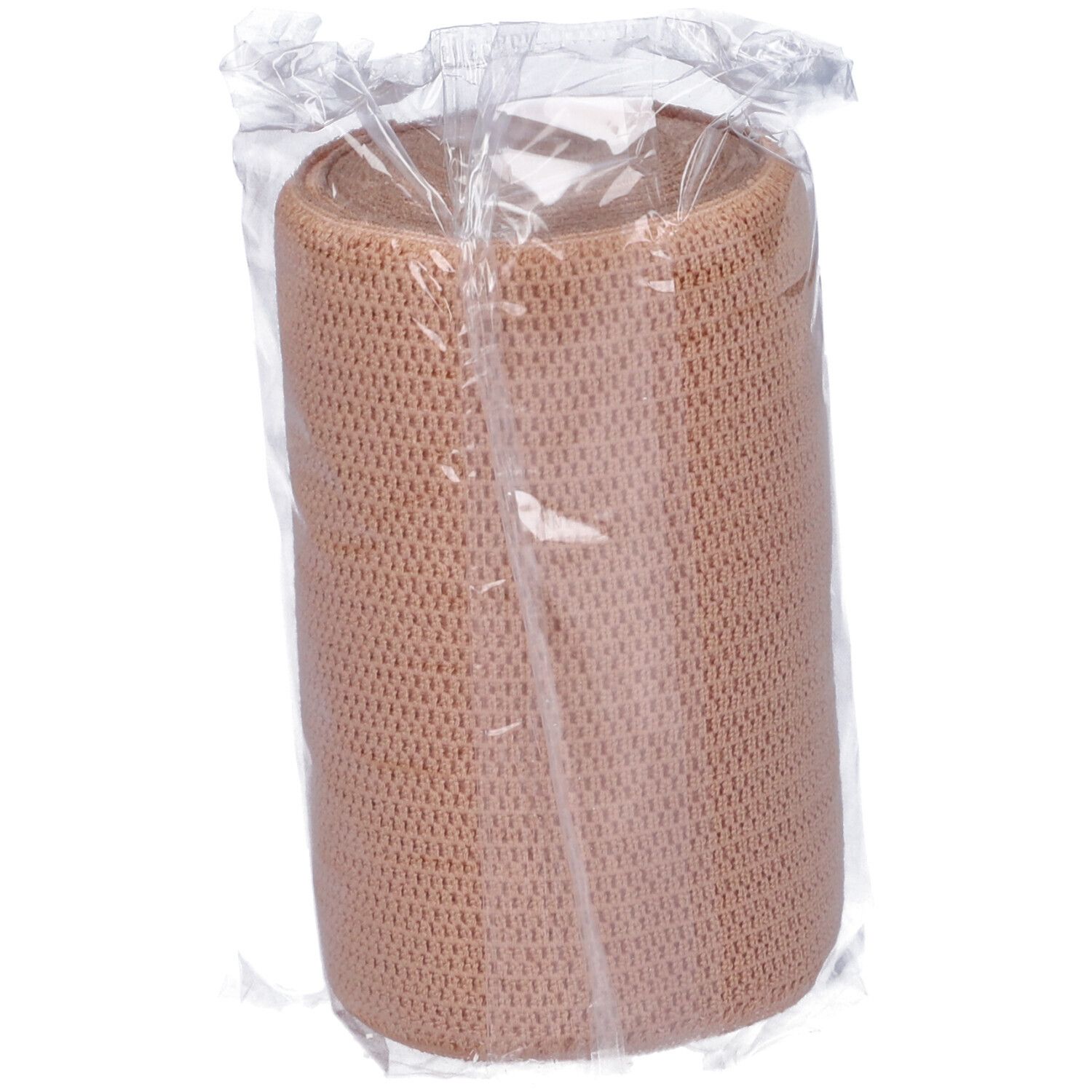 Benda elastica in confezione di plastica. Prodotto beige. Rotolo con chiusura in velcro.