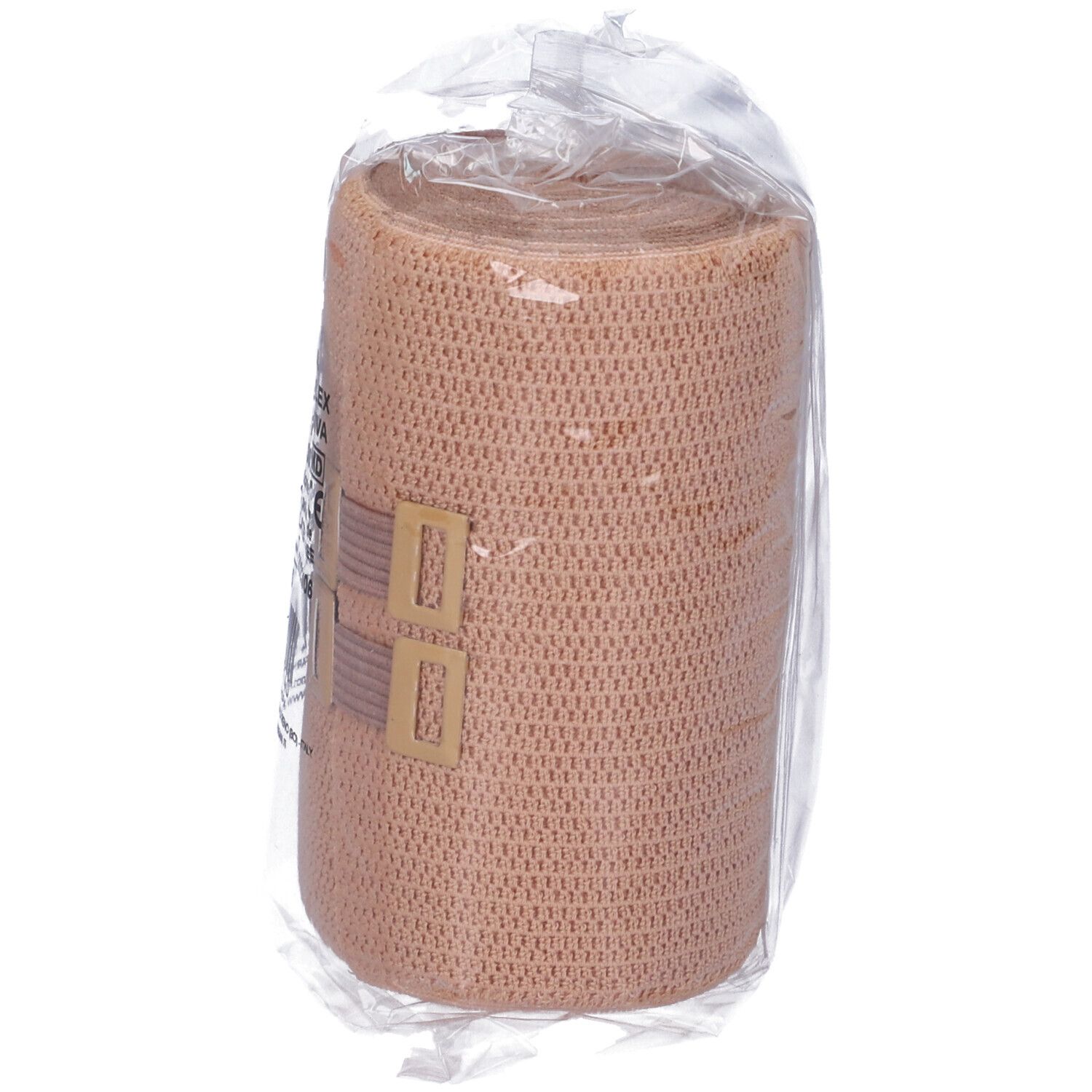Benda elastica in confezione di plastica. Prodotto beige. Rotolo con chiusura in velcro.