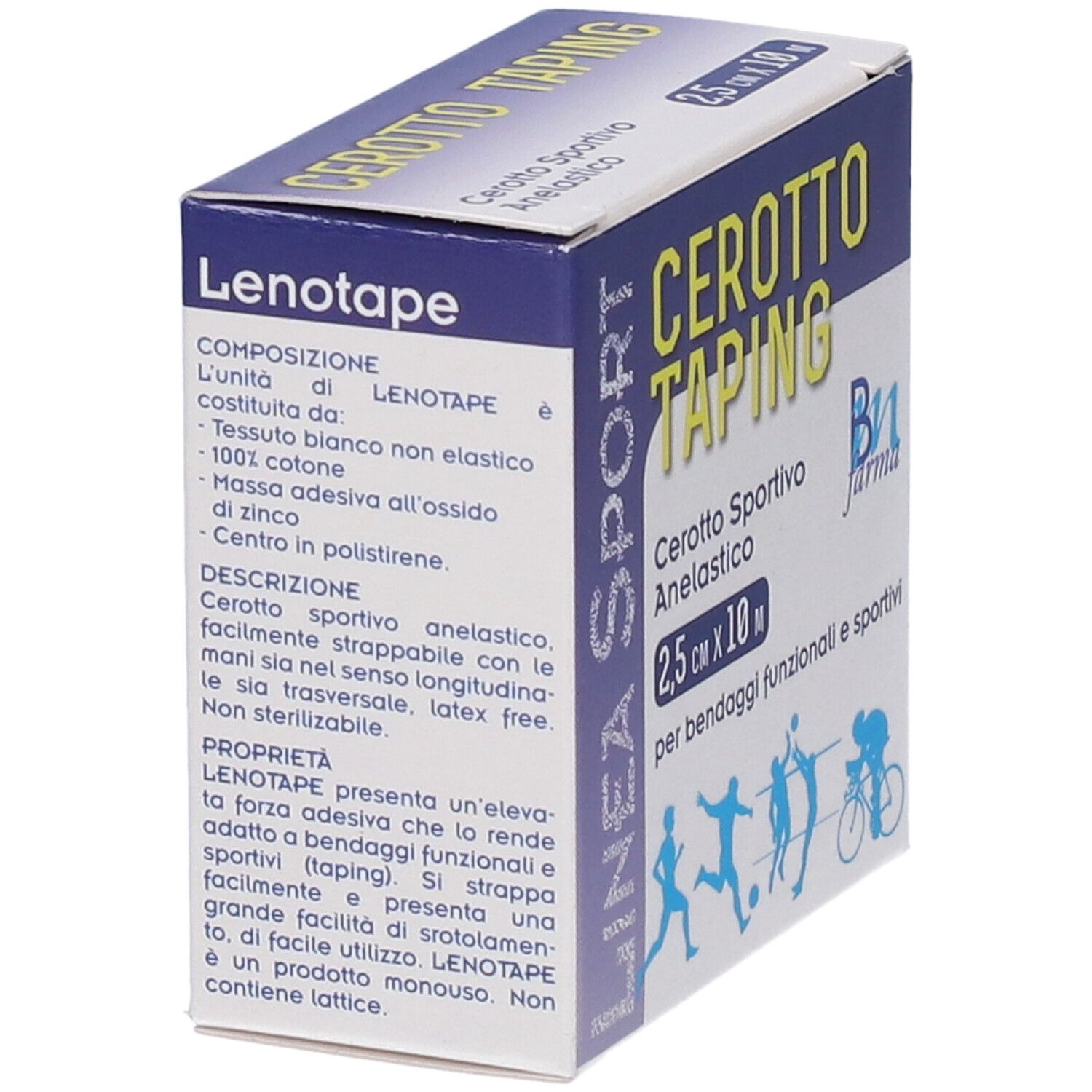 Verpackung für Klebeband: Cerotto Taping, 2,5 cm x 10 m, mit Beschreibung der Zusammensetzung und Eigenschaften.