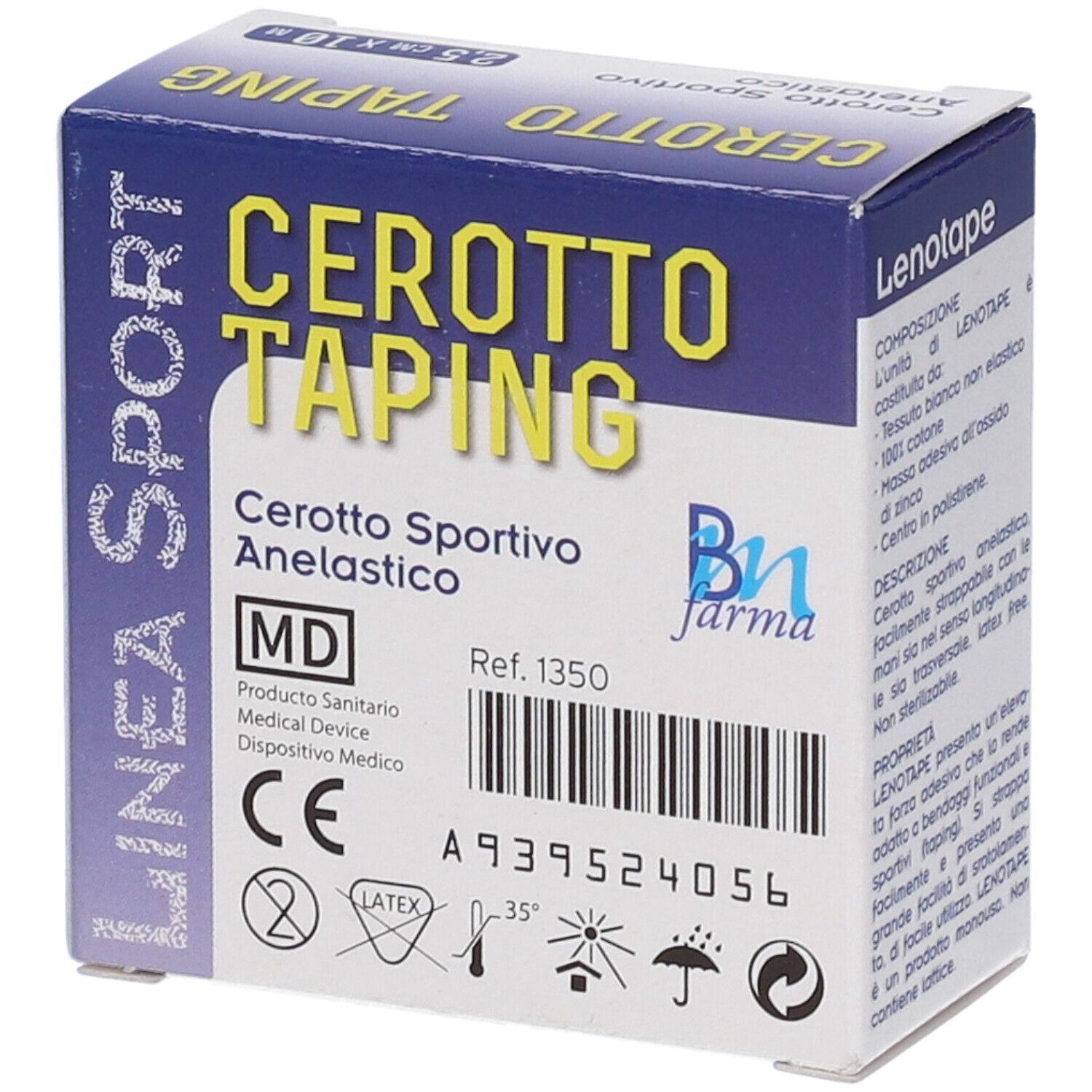 Verpackung für Klebeband: Cerotto Taping, 2,5 cm x 10 m, mit CE-Kennzeichnung und Hinweis auf Latexfreiheit.