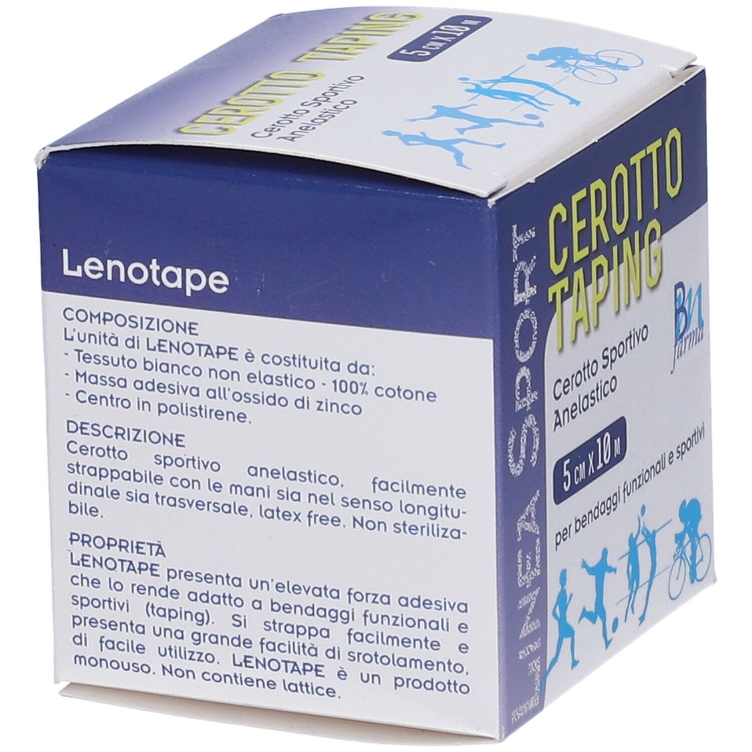 Verpackung von Cerotto Taping. Text mit Produktbeschreibung und Inhaltsstoffen. Marke Bn farma.