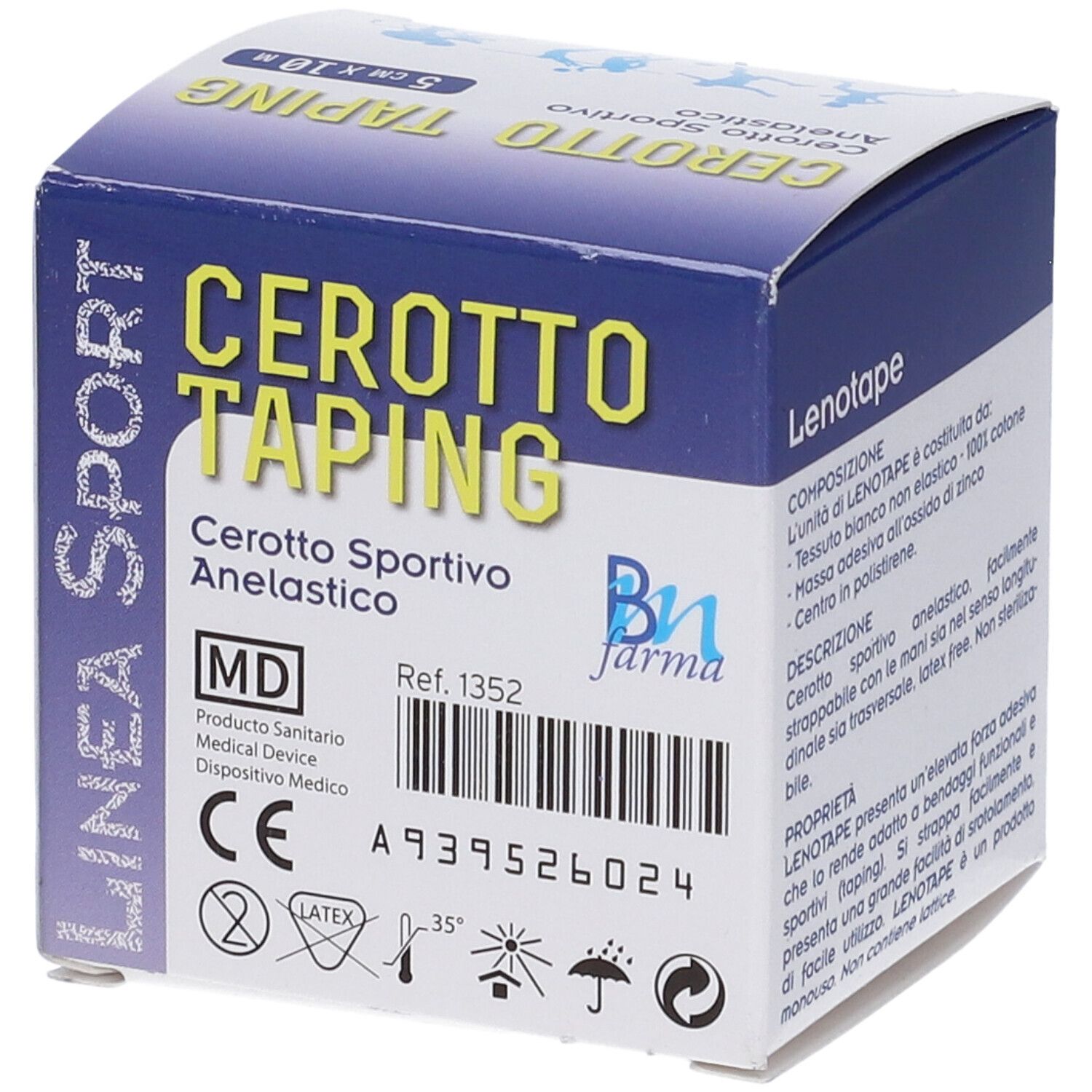 Verpackung von Cerotto Taping. Produktinformationen, CE-Kennzeichnung, und andere Symbole. Marke Bn farma.