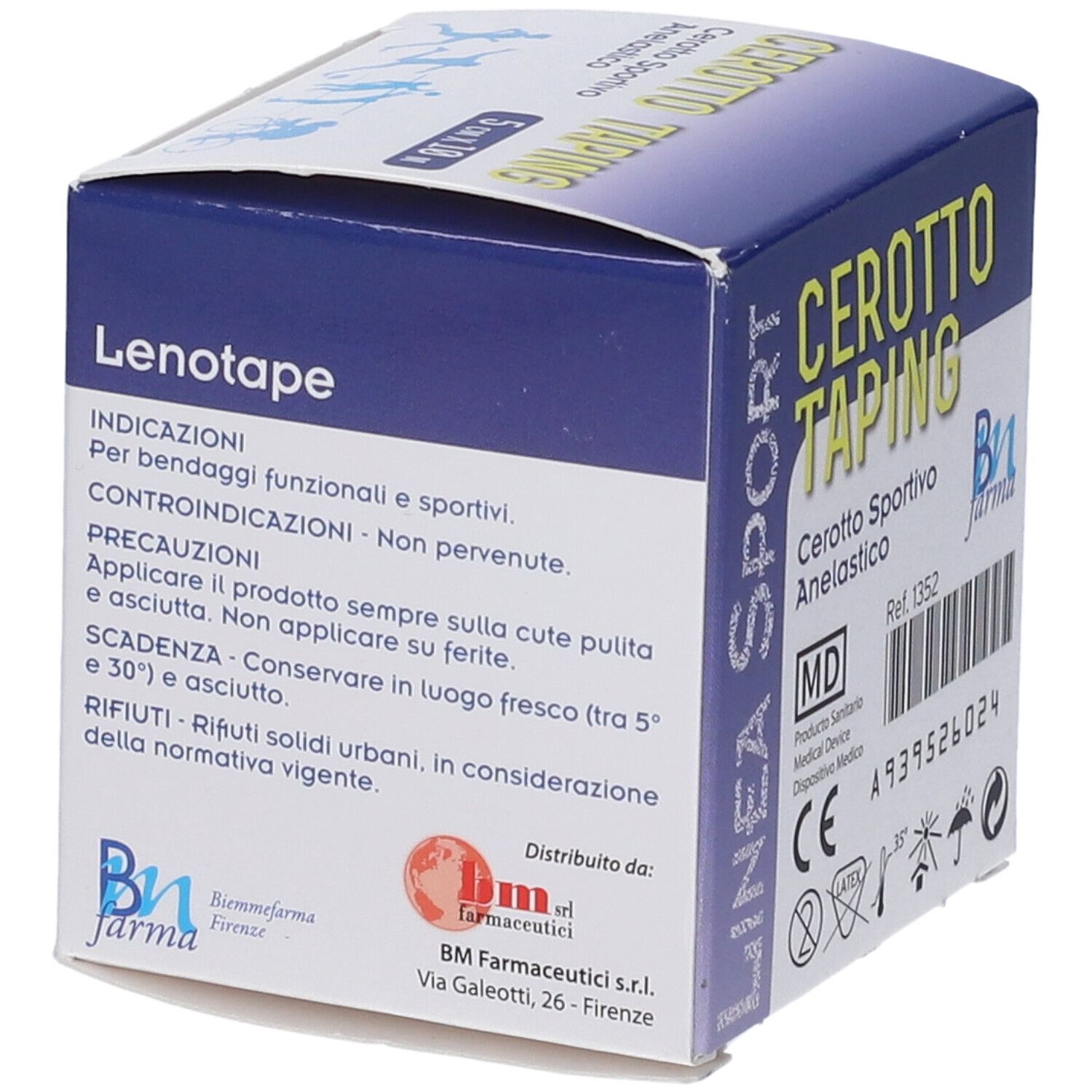 Verpackung von Cerotto Taping. Produktinformationen, CE-Kennzeichnung, und andere Symbole. Marke Bn farma.