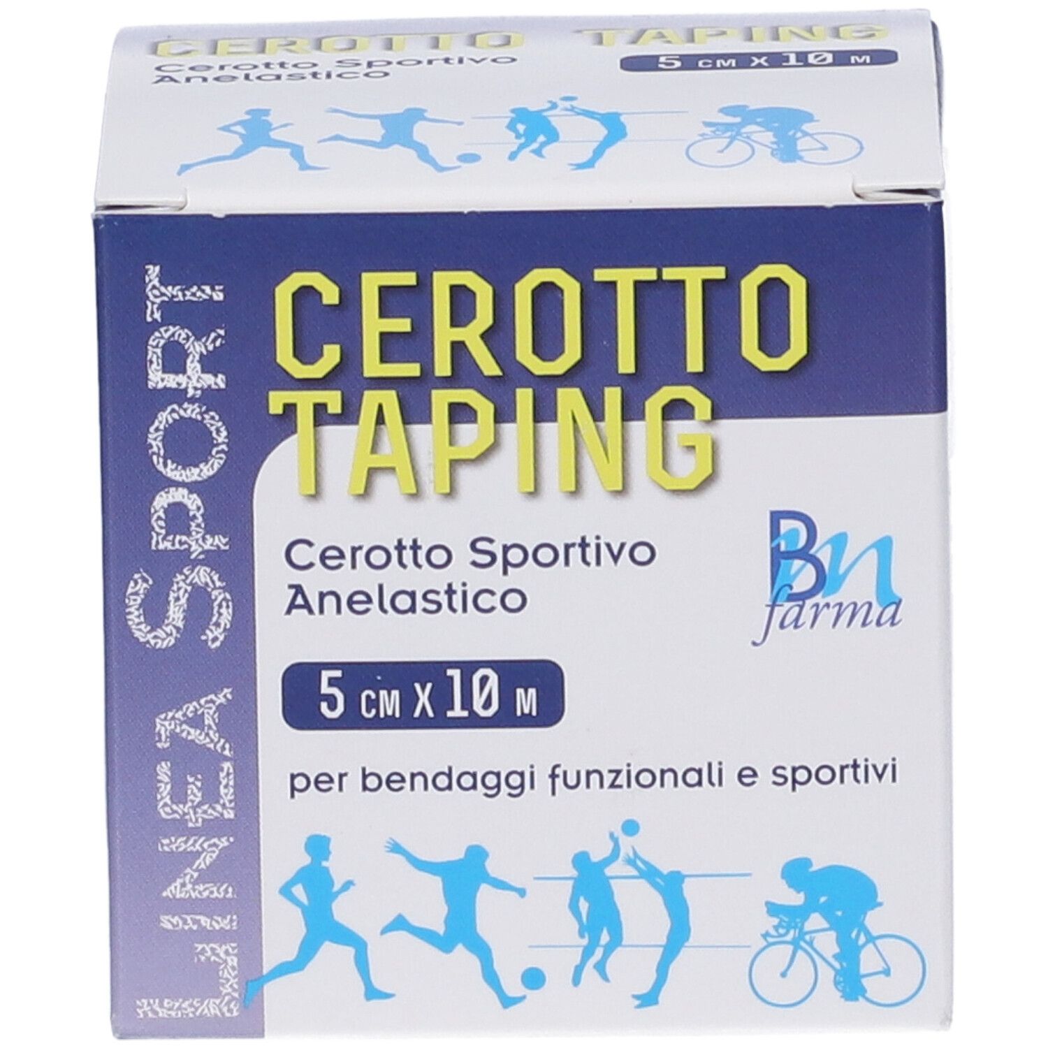 Verpackung von Cerotto Taping, 5 cm x 10 m. Blaue und weiße Box mit Produktnamen und Sport-Illustrationen.