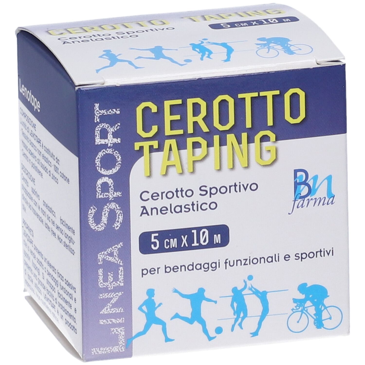 Verpackung von Cerotto Taping, 5 cm x 10 m. Blaue und weiße Box mit Produktnamen und Sport-Illustrationen.