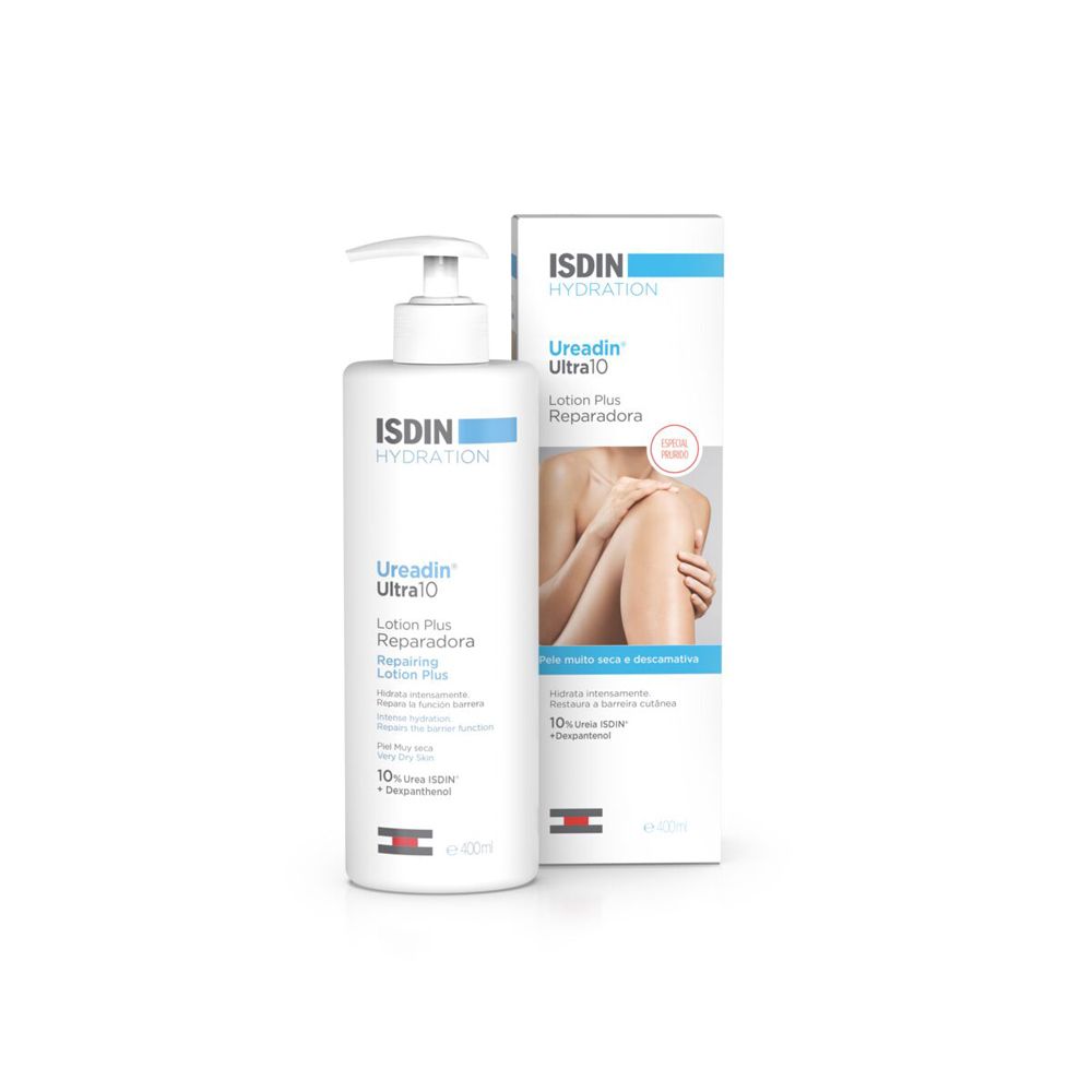 ISDIN Hydration Ureadin Ultra 10 Lotion. Weiße Flasche mit Pumpe und Verpackung. Text.