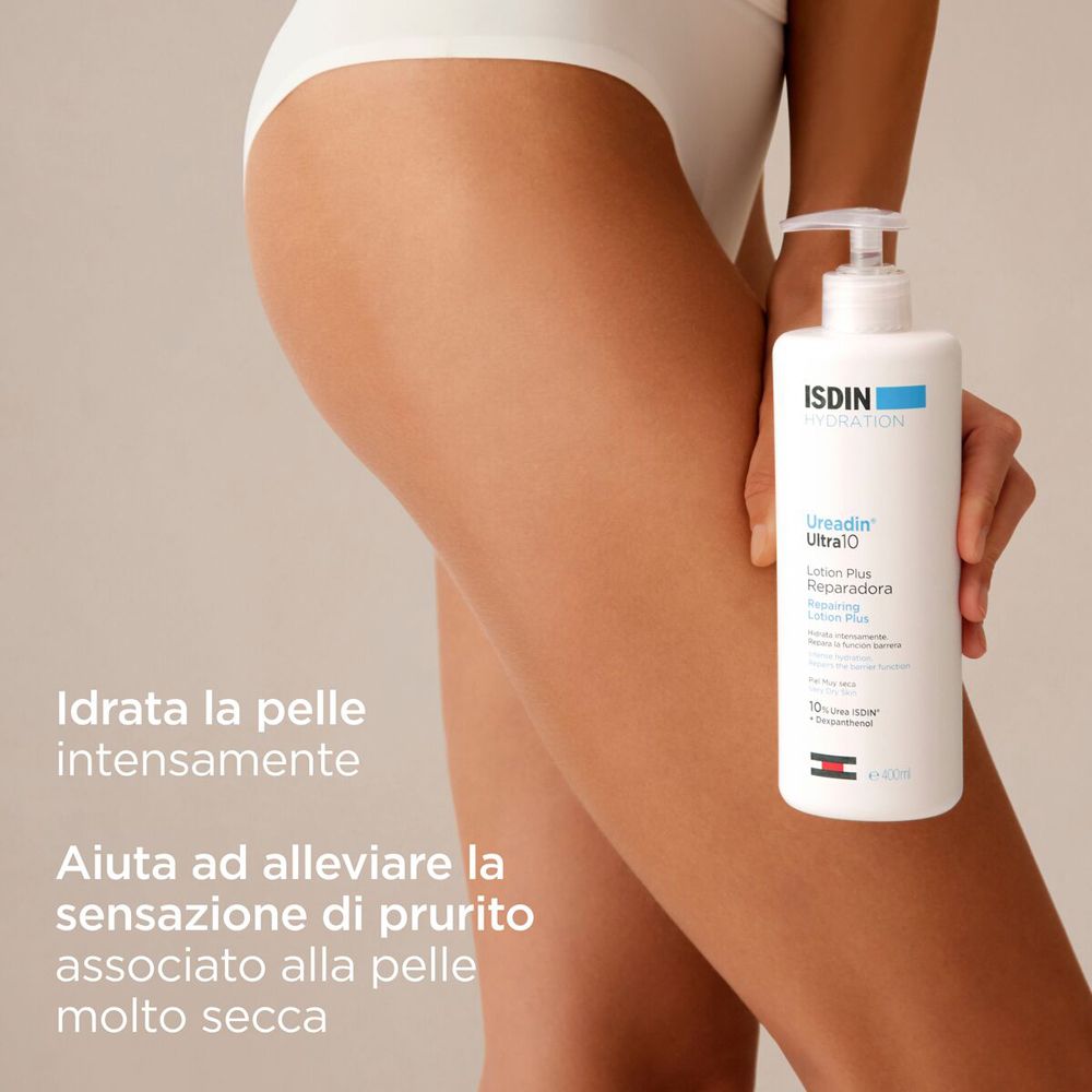Frau mit weißem Höschen. Lotion-Flasche. Text: Hydratisiert intensiv, lindert Juckreiz.