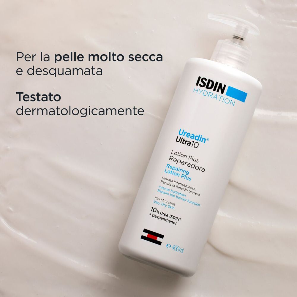 Lotion-Flasche auf weißer Oberfläche. Text: Für sehr trockene Haut, dermatologisch getestet.