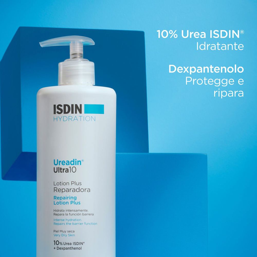 Lotion-Flasche mit Text: 10% Urea ISDIN, Dexpanthenol. Blaue und blaue geometrische Formen.