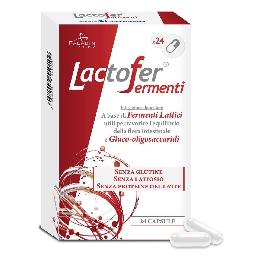 Boîte de Lactofer® Fermenti, 24 gélules. Inscription : Sans gluten, lactose et protéines de lait. Gélules blanches à côté.