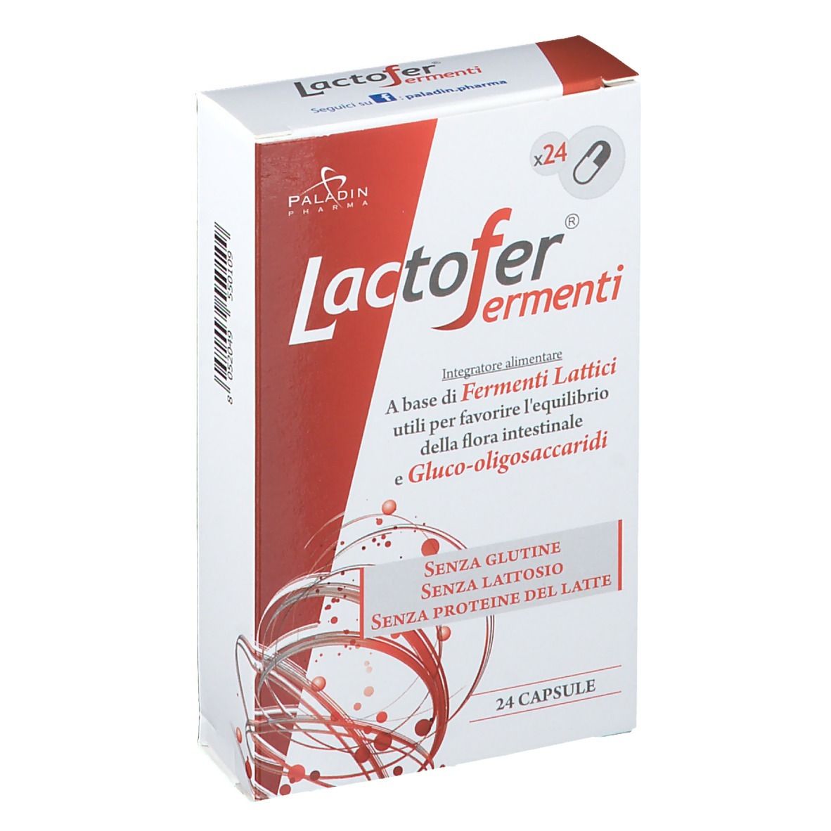 Boîte de Lactofer® Fermenti, 24 gélules. Inscription : Sans gluten, lactose et protéines de lait.