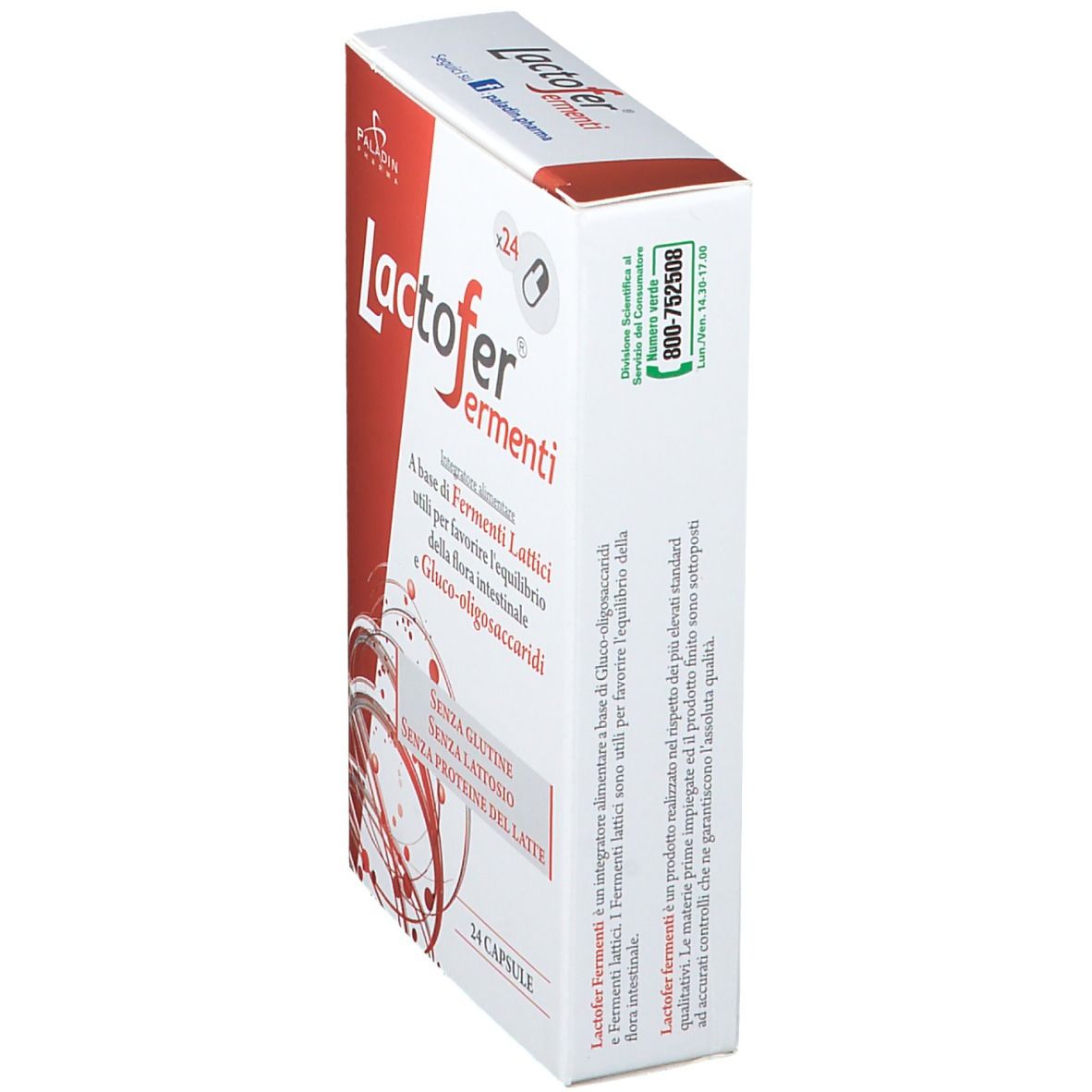 Boîte de Lactofer® Fermenti, 24 gélules. Inscription : Sans gluten, lactose et protéines de lait. Vue latérale.