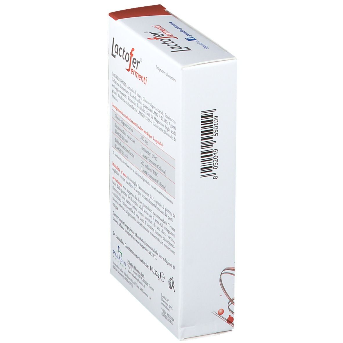 Vue latérale de la boîte de Lactofer® Fermenti. Contient des informations sur les ingrédients et les valeurs nutritionnelles. 24 gélules.