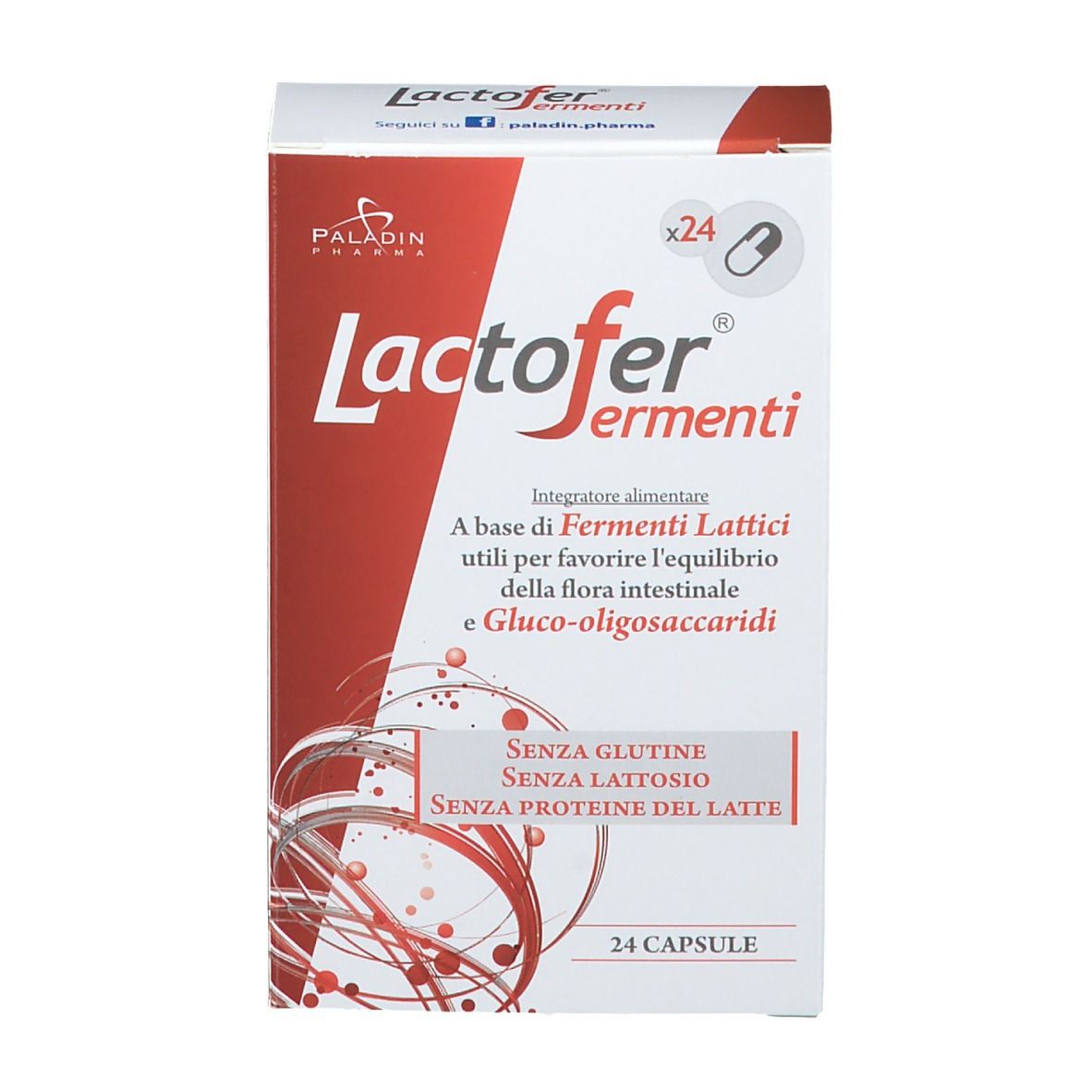 Boîte de Lactofer® Fermenti, 24 gélules. Inscription : Sans gluten, lactose et protéines de lait.