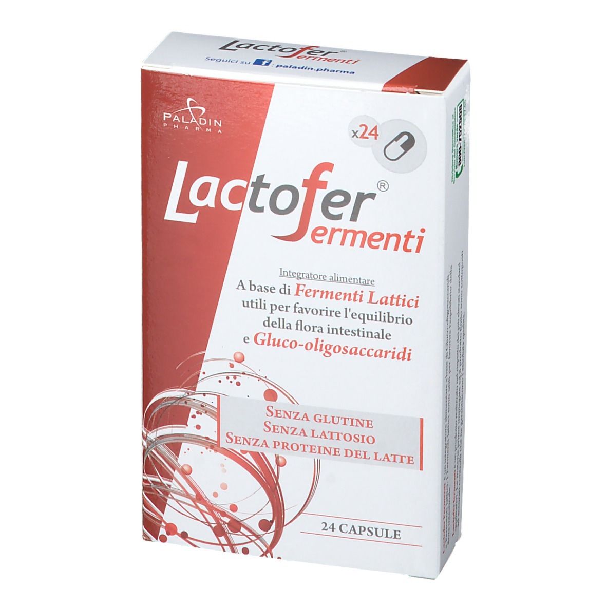 Boîte de Lactofer® Fermenti, 24 gélules. Inscription : Sans gluten, lactose et protéines de lait.