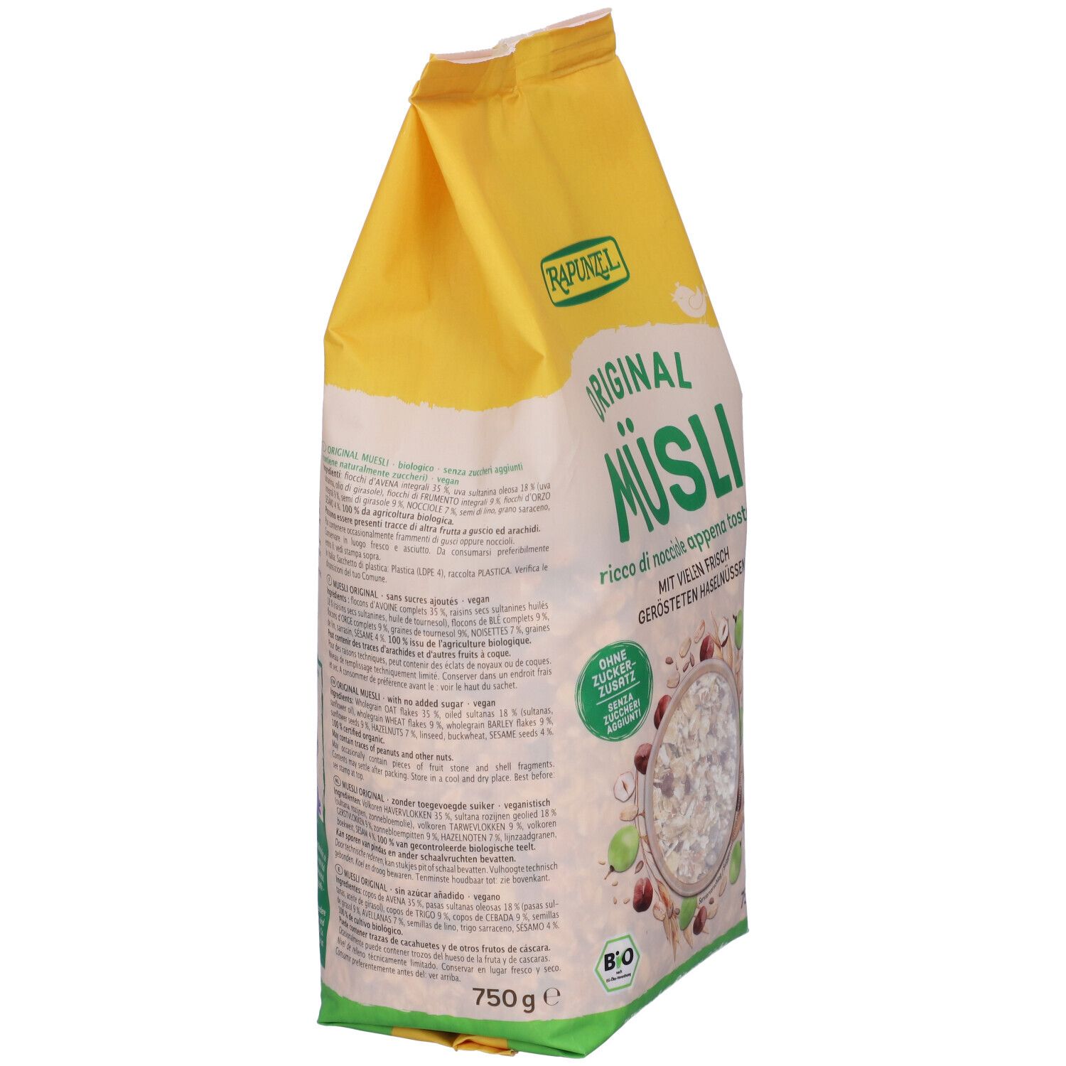 Vista laterale della confezione di Muesli Original Rapunzel. Sacchetto giallo-bianco con informazioni e marchio bio.