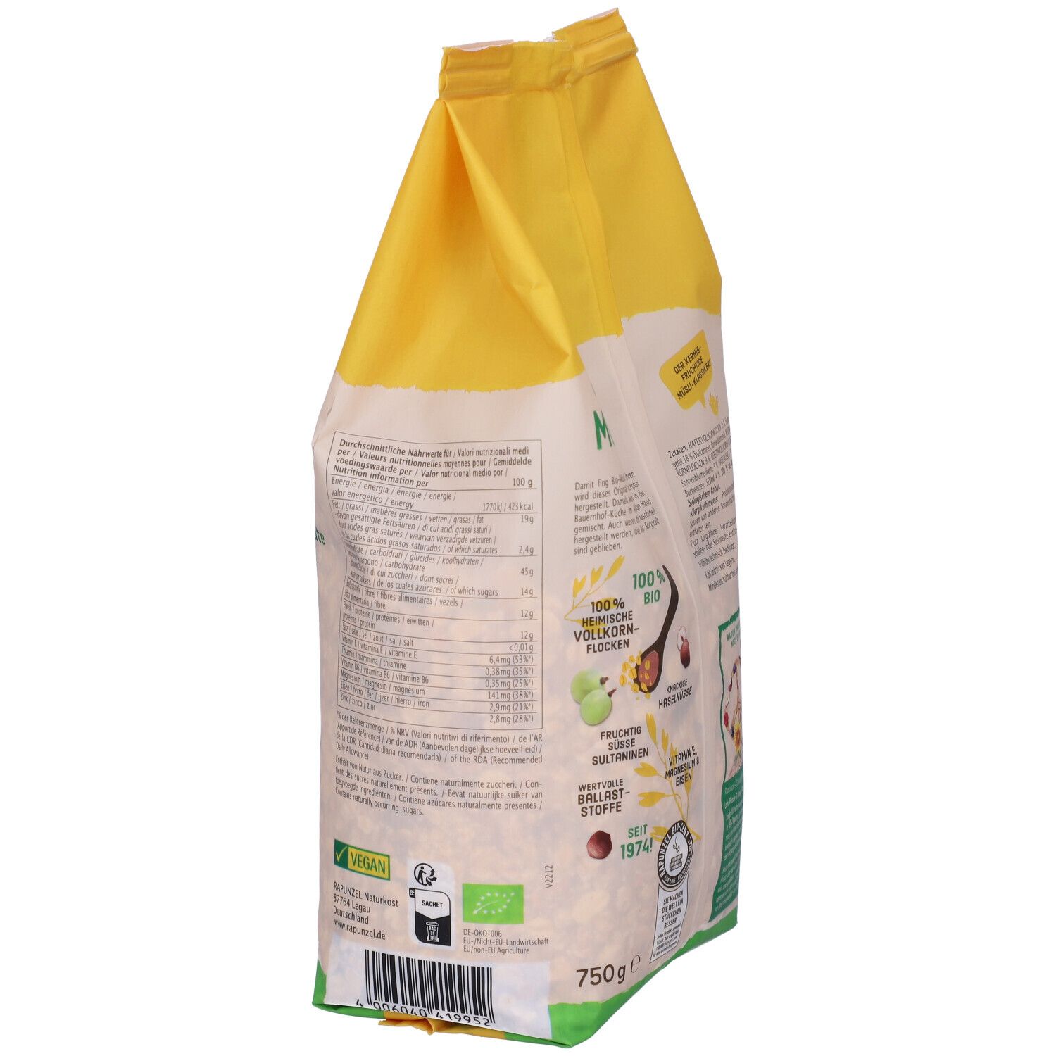 Retro della confezione di Muesli Original Rapunzel. Sacchetto giallo-bianco con valori nutrizionali, marchio bio e scadenza.