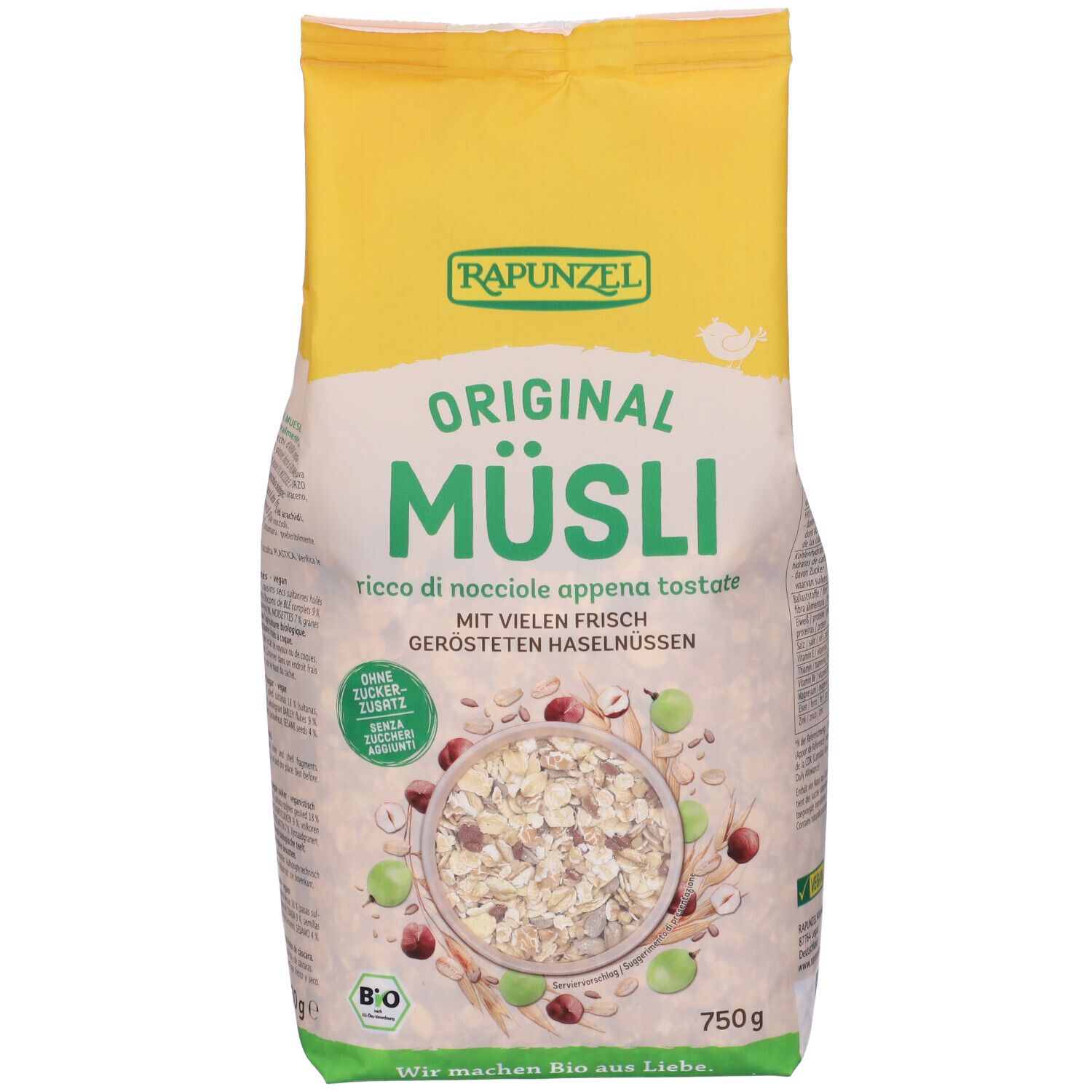 Vista frontale della confezione di Muesli Original Rapunzel. Sacchetto giallo-bianco con nome e immagine del muesli. 750g.