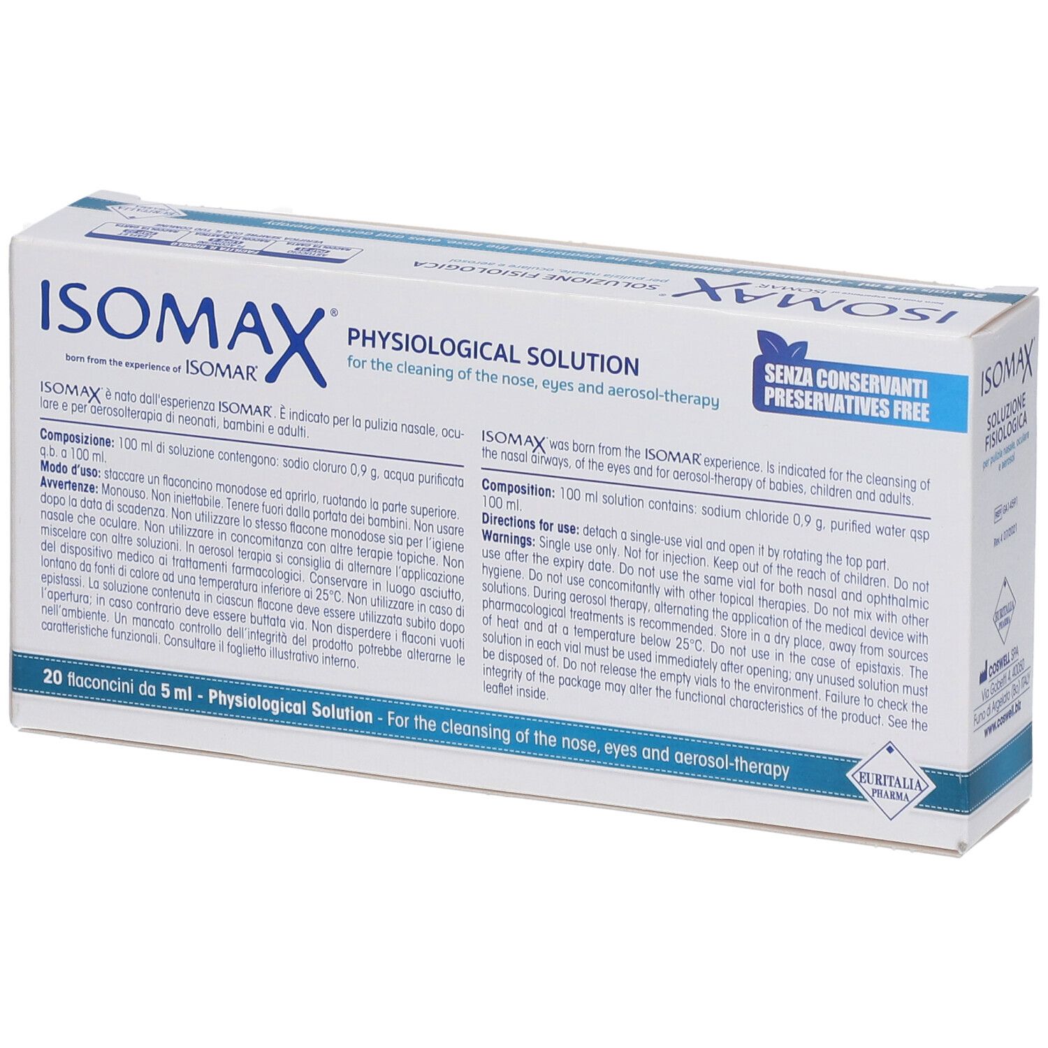 Isomax physiologische Lösung, 20 Fläschchen à 5 ml für Nasen-, Augen- und Aerosolreinigung.