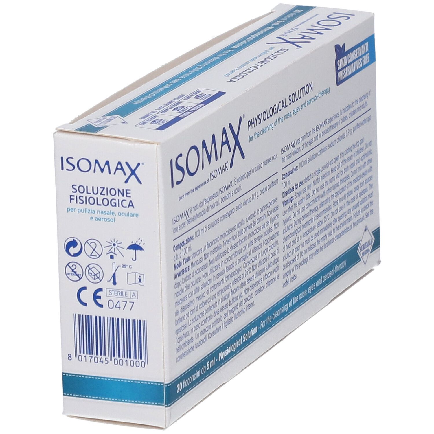 Isomax physiologische Kochsalzlösung in 20 x 5 ml Fläschchen, zur Nasen-, Augen- und Aerosolreinigung.