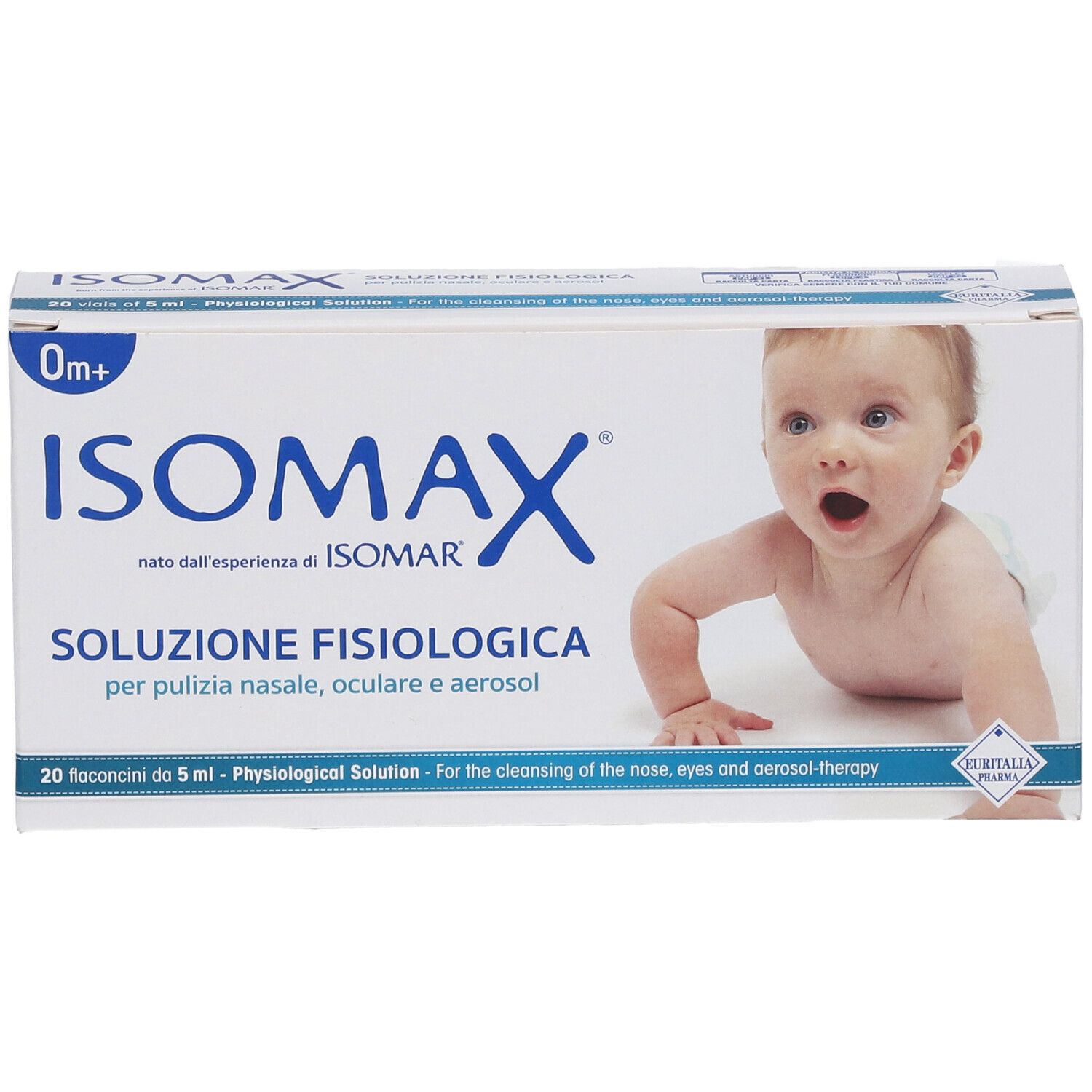 Isomax physiologische Kochsalzlösung in 20 x 5 ml Fläschchen, für Säuglinge, zur Nasen-, Augen- und Aerosolreinigung.