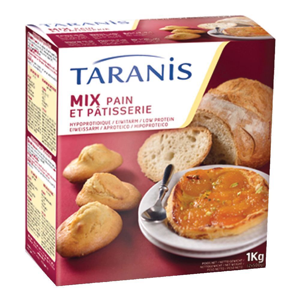 Confezione di mix per pane e pasticceria. Scritta TARANIS, MIX PAIN ET PÂTISSERIE. Fette di pane, panini e toast con marmellata.