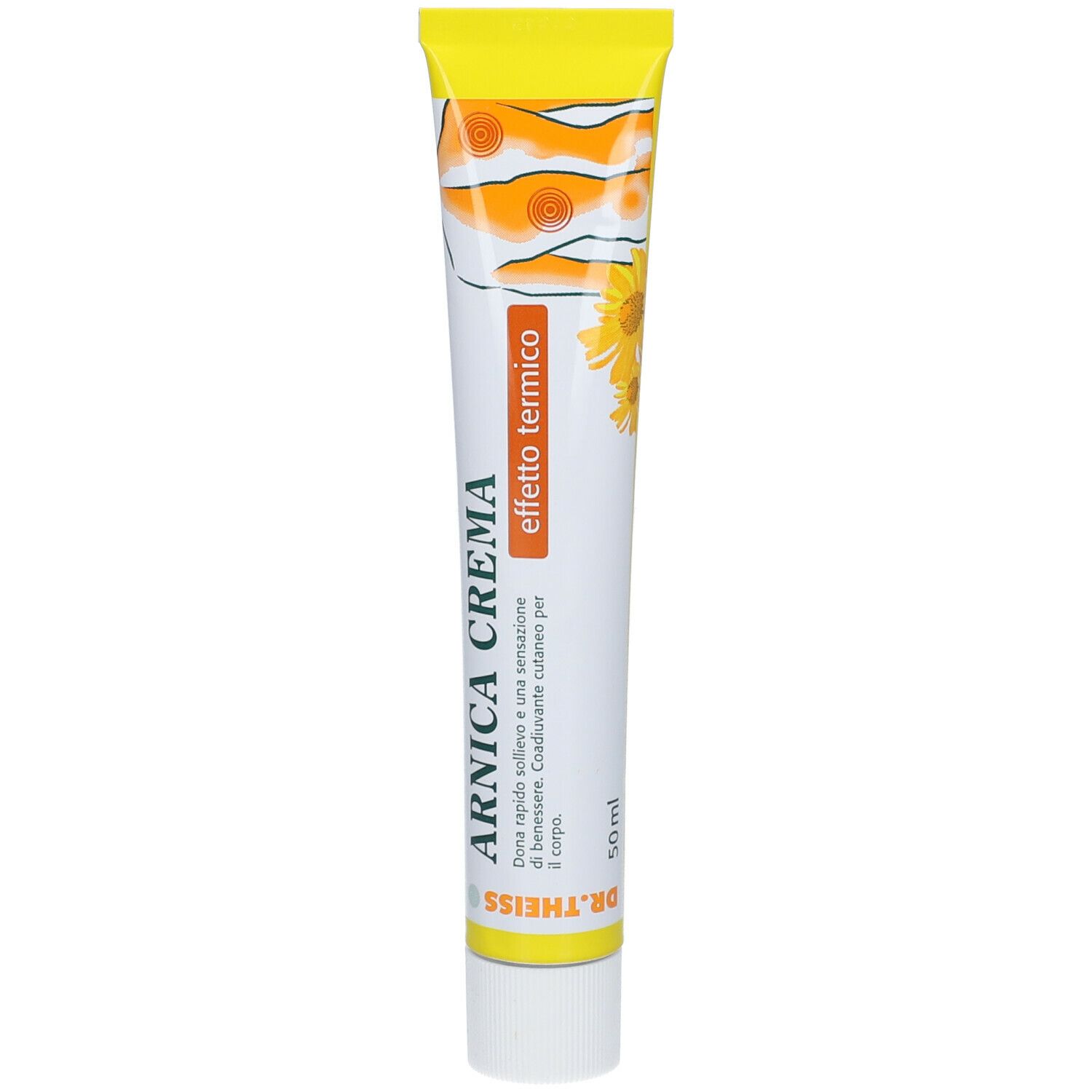 Tube mit "Arnica Crema"-Schriftzug. Gelber Deckel und Hintergrund. "Effetto termico"-Label. 50ml.