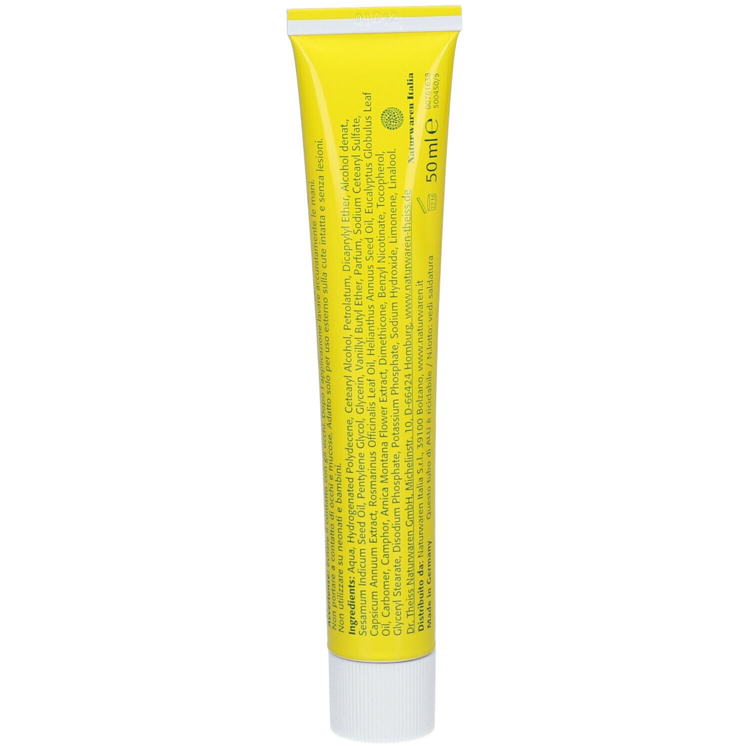 Rückseite eines gelben Tubus. Text mit Inhaltsstoffen und Informationen. 50ml. Weißer Deckel.