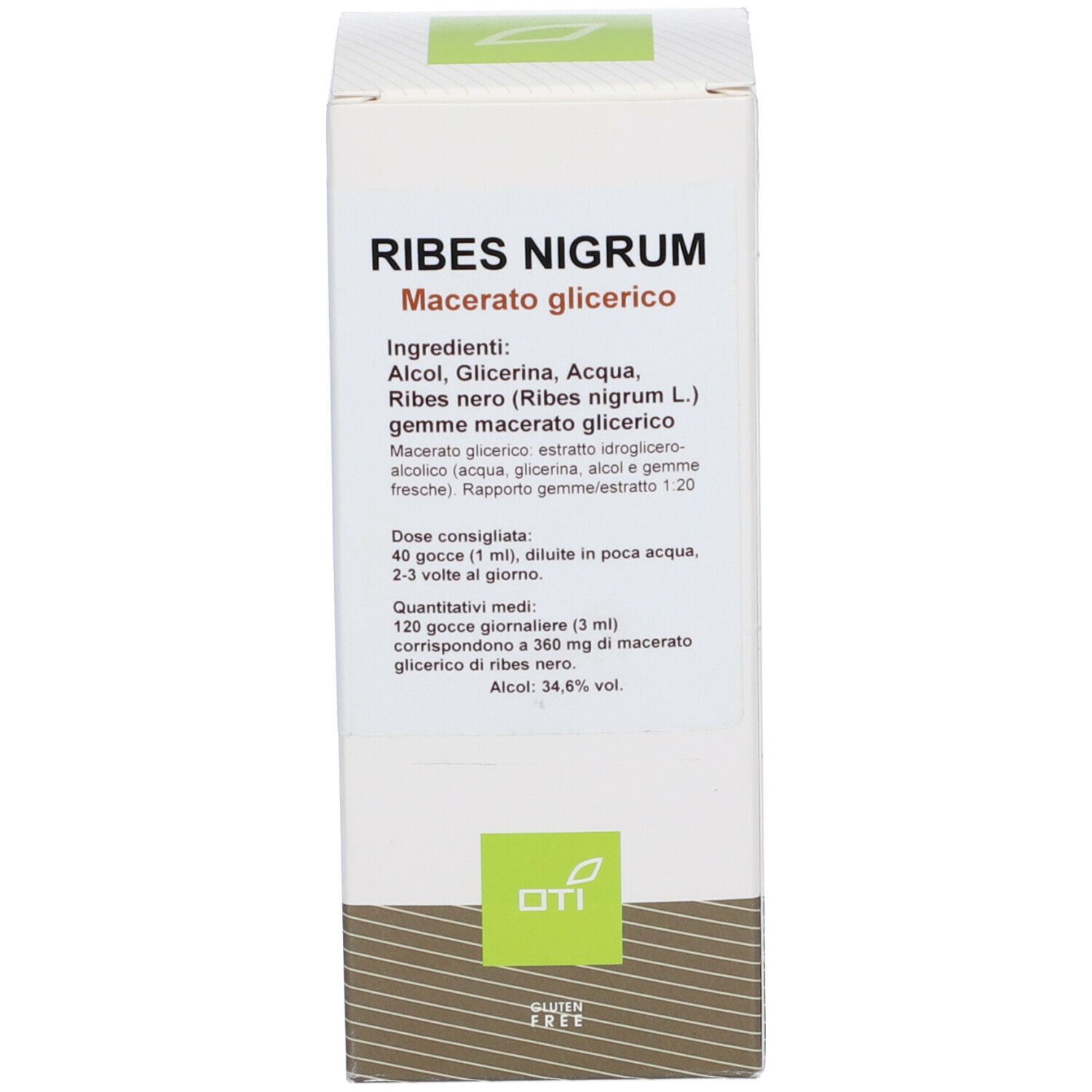 Scatola bianca con logo verde. Ribes Nigrum sulla scatola.