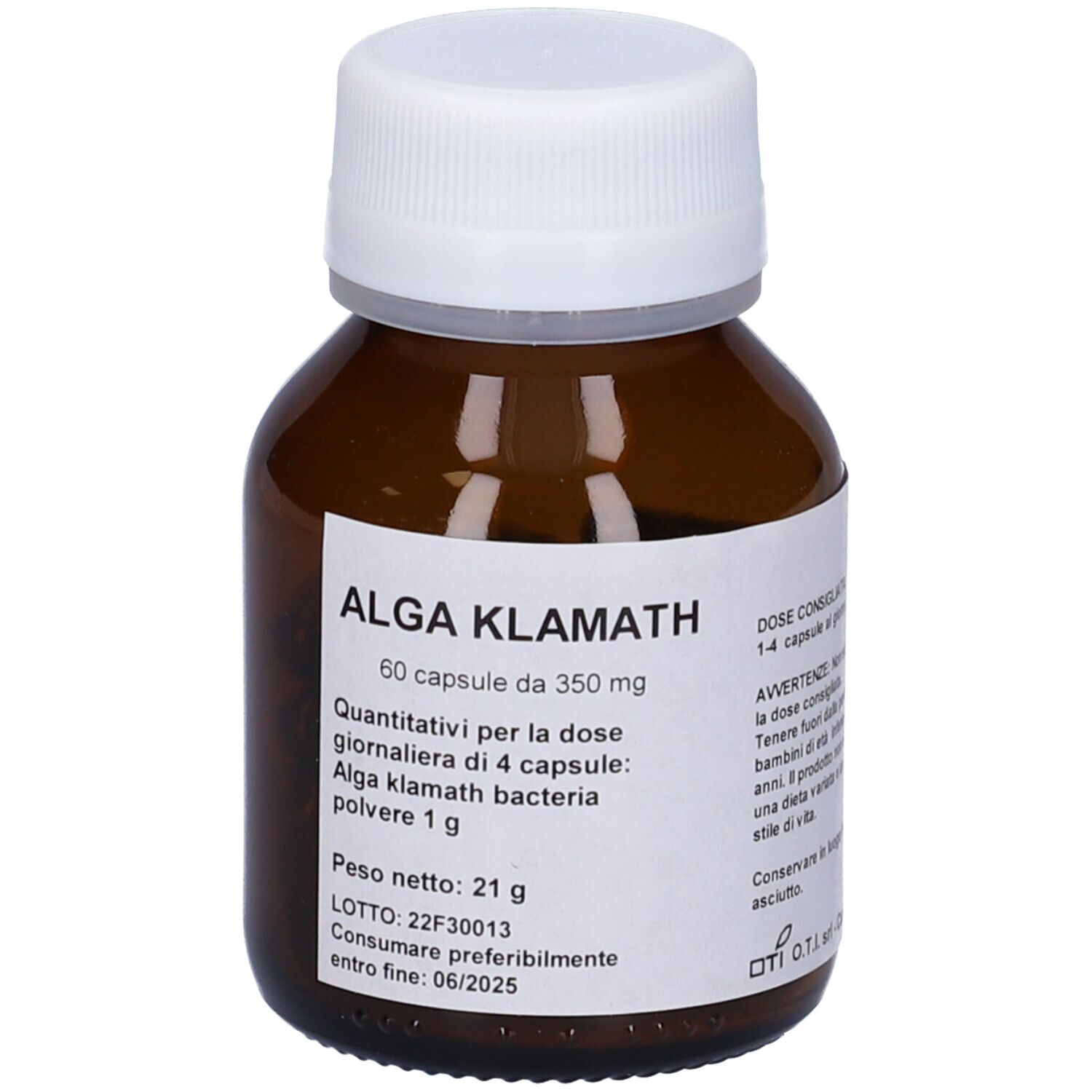 Flacone di vetro marrone con tappo bianco. Etichetta con testo: Alga Klamath, 60 capsule, 350 mg. Ulteriori informazioni.