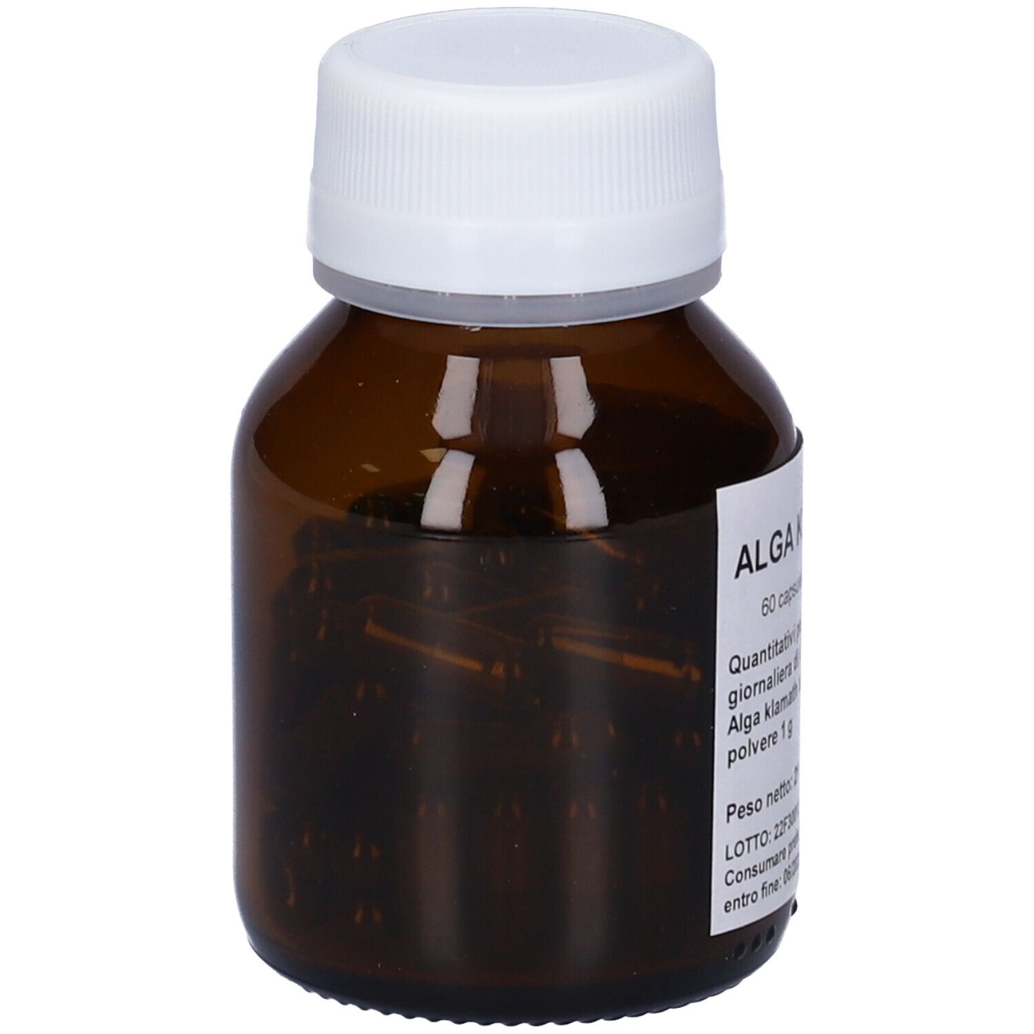 Flacone di vetro marrone con tappo bianco, pieno di capsule. Etichetta visibile.