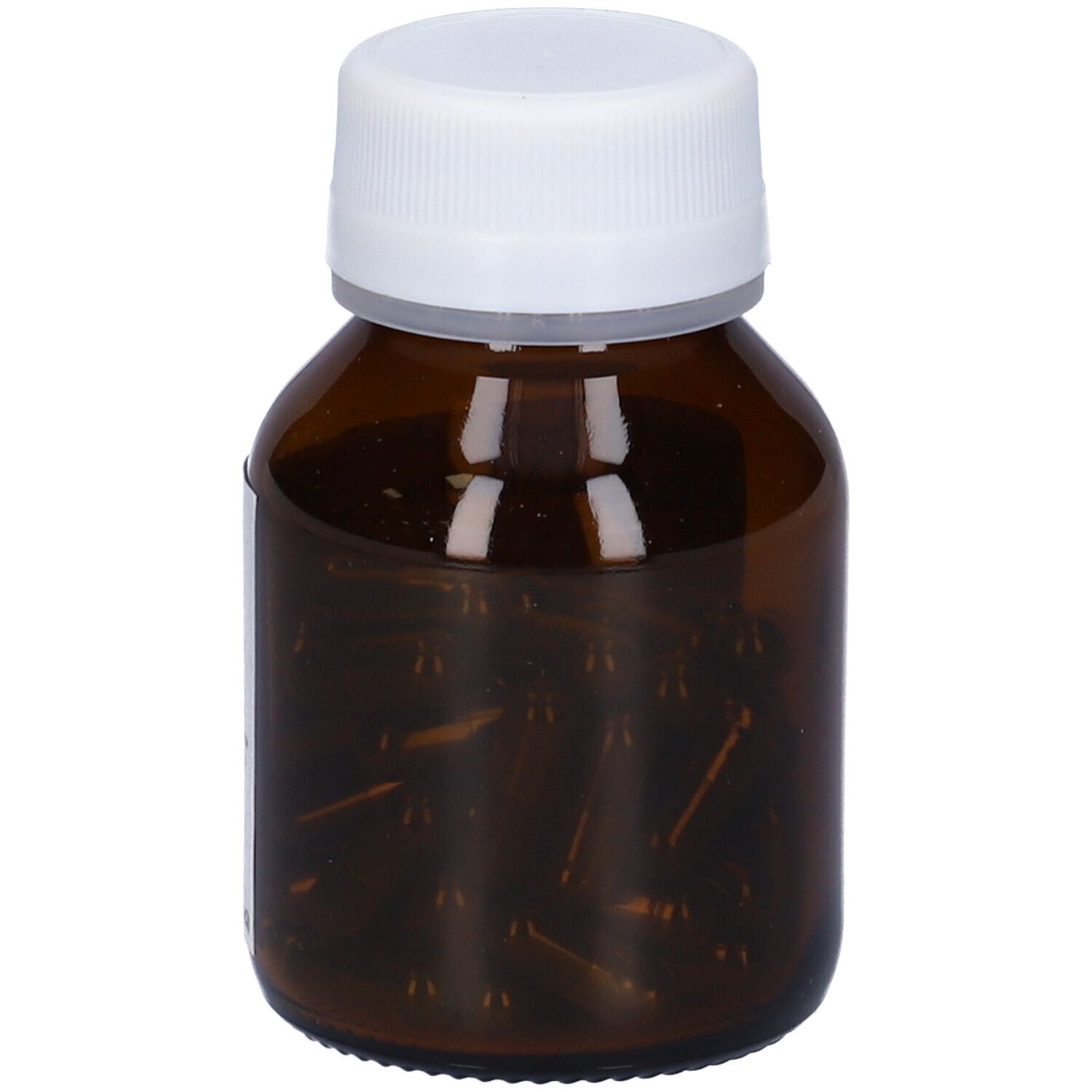Flacone di vetro marrone con tappo bianco, pieno di capsule. Capsule visibili.