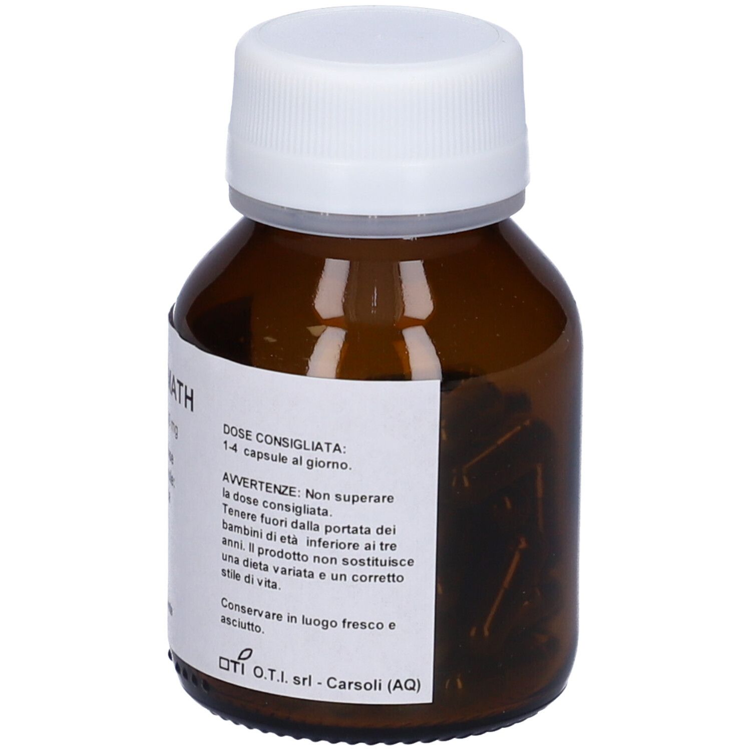 Flacone di vetro marrone con tappo bianco. Etichetta con testo e informazioni. Capsule all'interno.