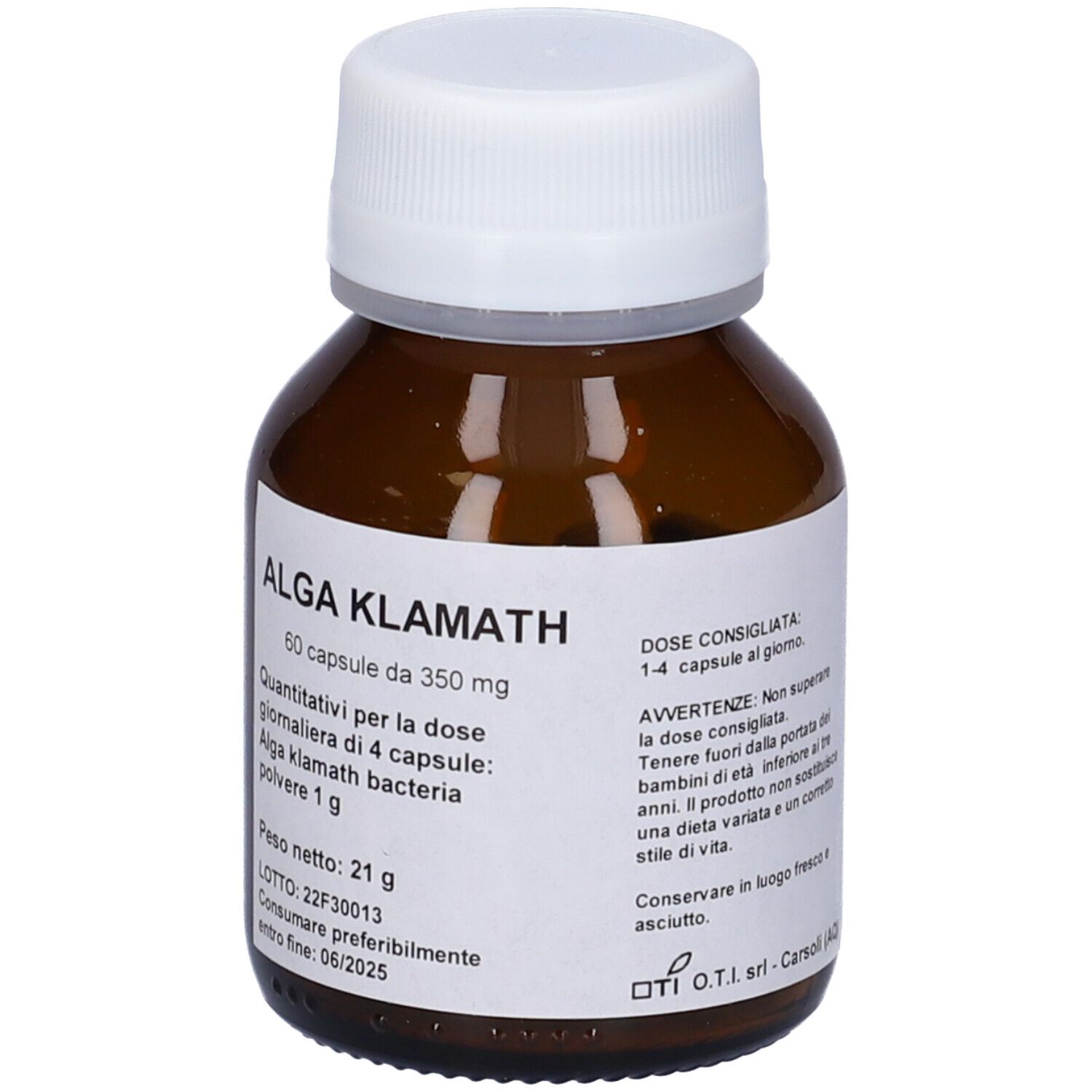 Flacone di vetro marrone con tappo bianco. Etichetta con testo: Alga Klamath, 60 capsule, 350 mg. Ulteriori informazioni.