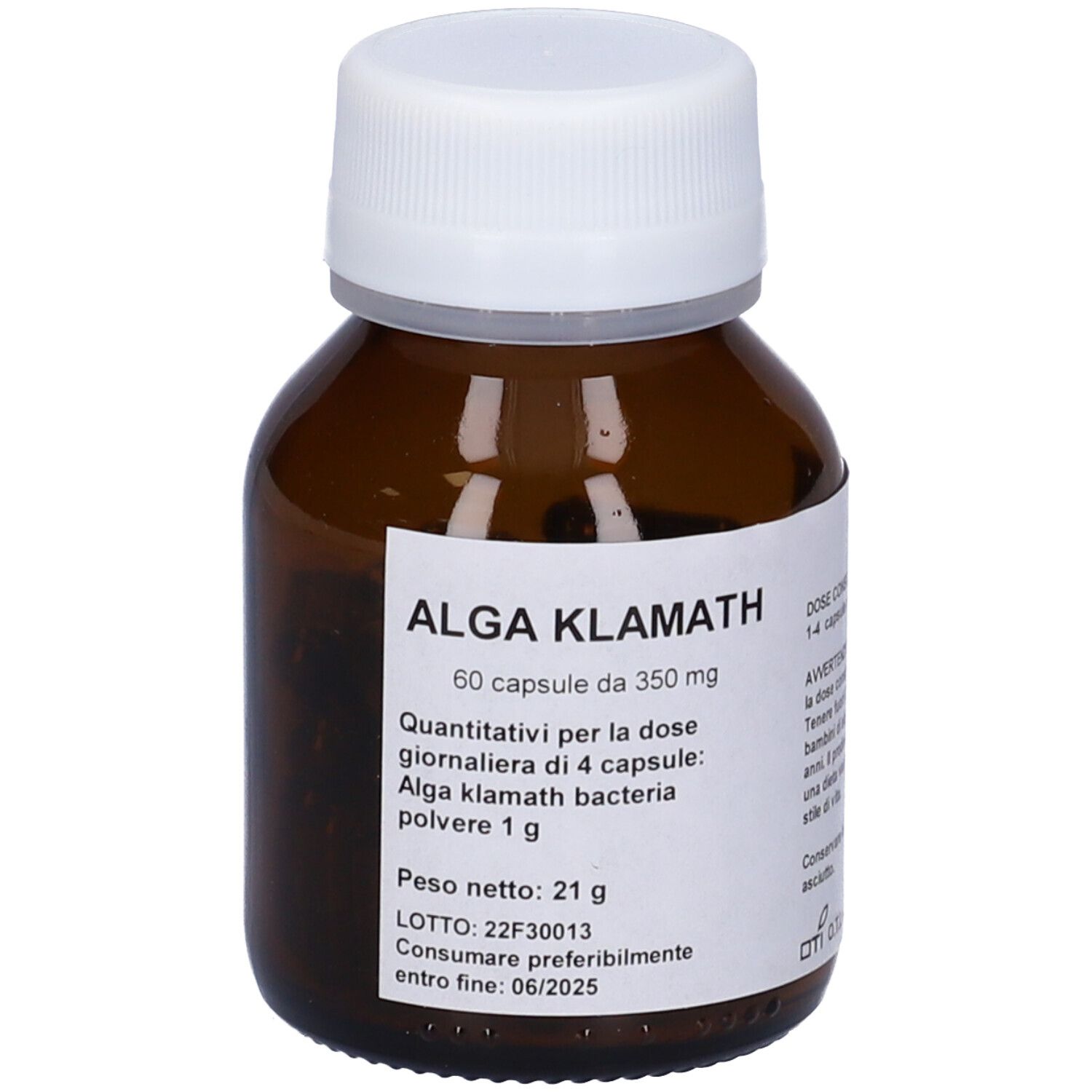 Flacone di vetro marrone con tappo bianco. Etichetta con testo: Alga Klamath, 60 capsule, 350 mg. Ulteriori informazioni.