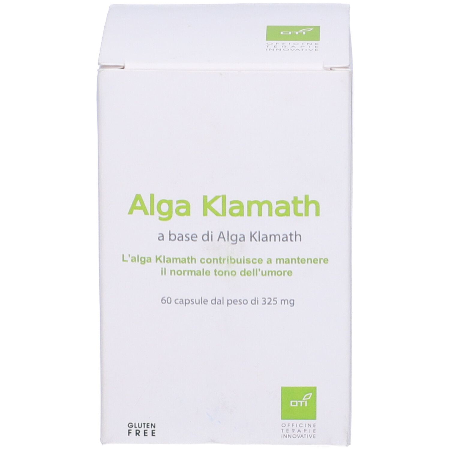 Scatola bianca con testo: Alga Klamath, 60 capsule. Logo e altre informazioni.