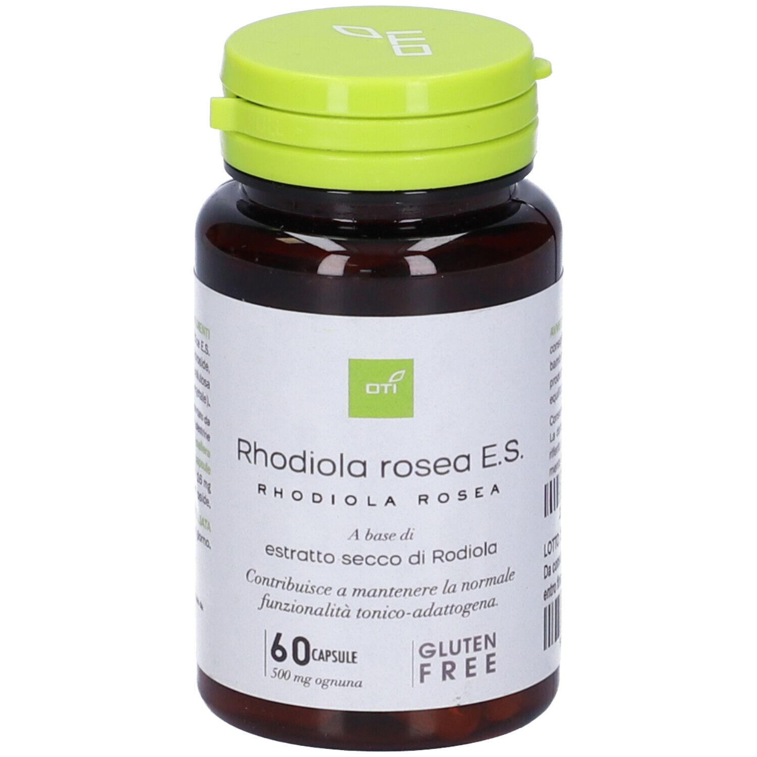 Flacone marrone con tappo verde. Scritta: Rhodiola rosea E.S. 60 capsule, senza glutine.