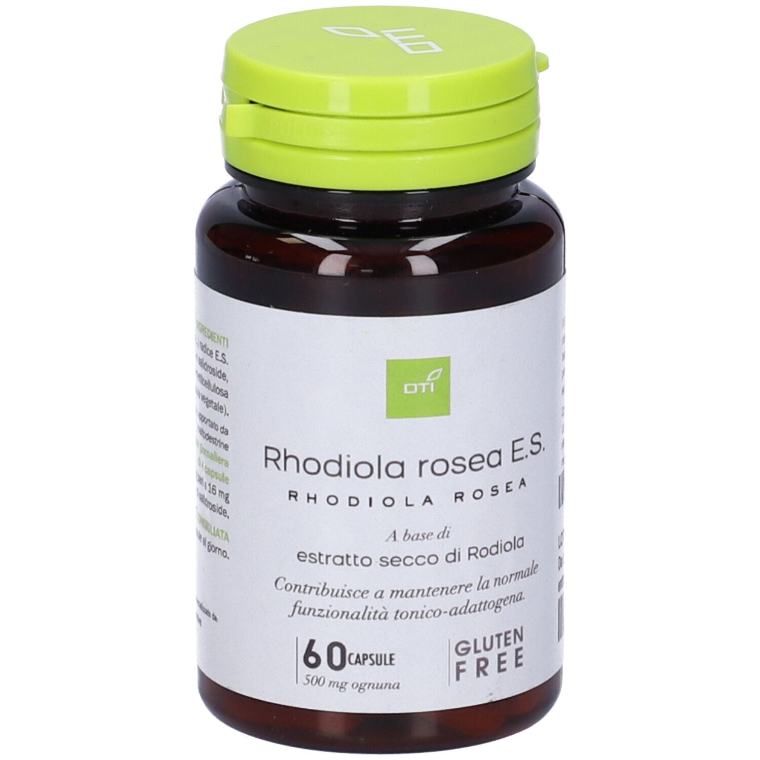 Flacone marrone con tappo verde. Scritta: Rhodiola rosea E.S. 60 capsule, senza glutine.